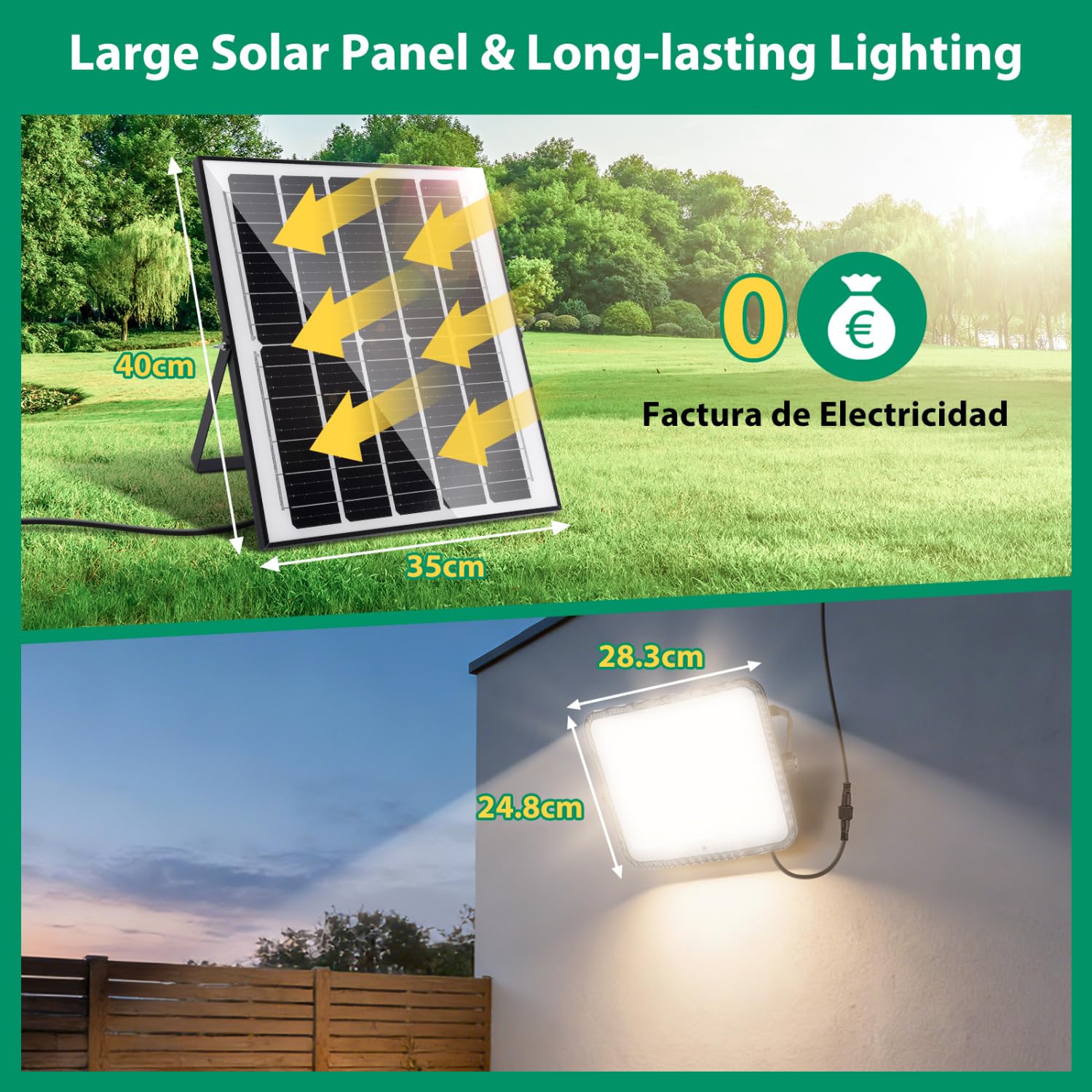 Aigostar Foco LED Exterior Solar 15000mAH Batería de gran capacidad 200W | 2000lm Proyector LED con Gran panel Solar,regulable 3000/4000/6500K, IP65 , Cable de 5m,Uso: Porches Jardín Patio Piscina