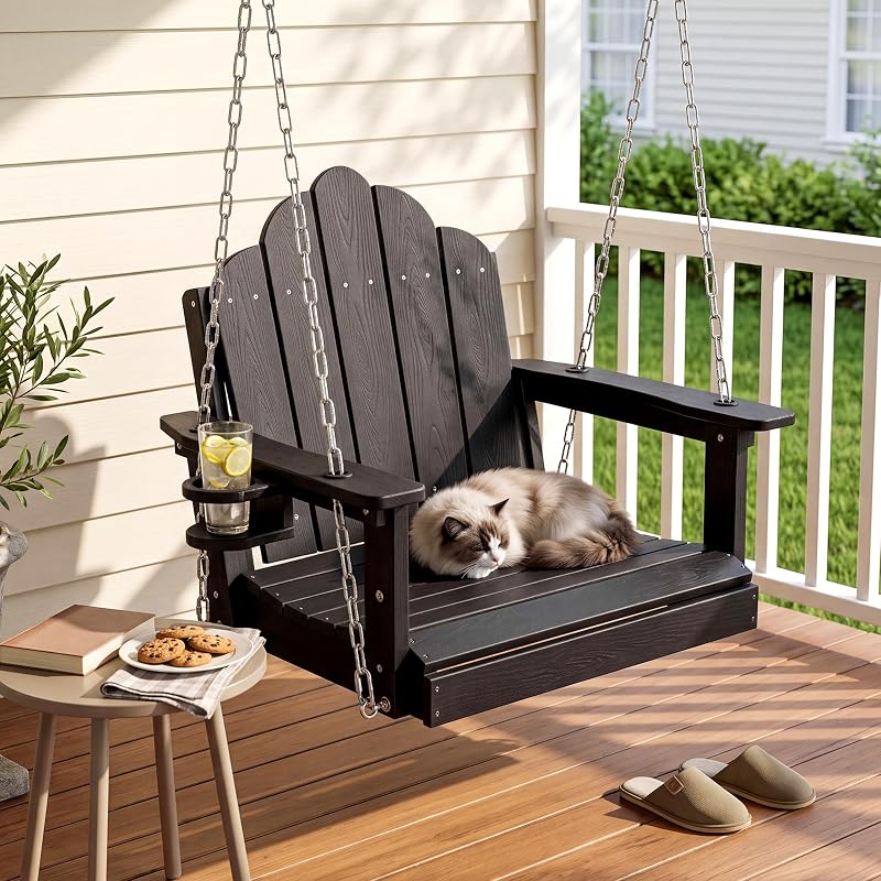 TinFrey Single Outdoor Swing Chair with Cup Holder, HDPE Porch Swing, Black