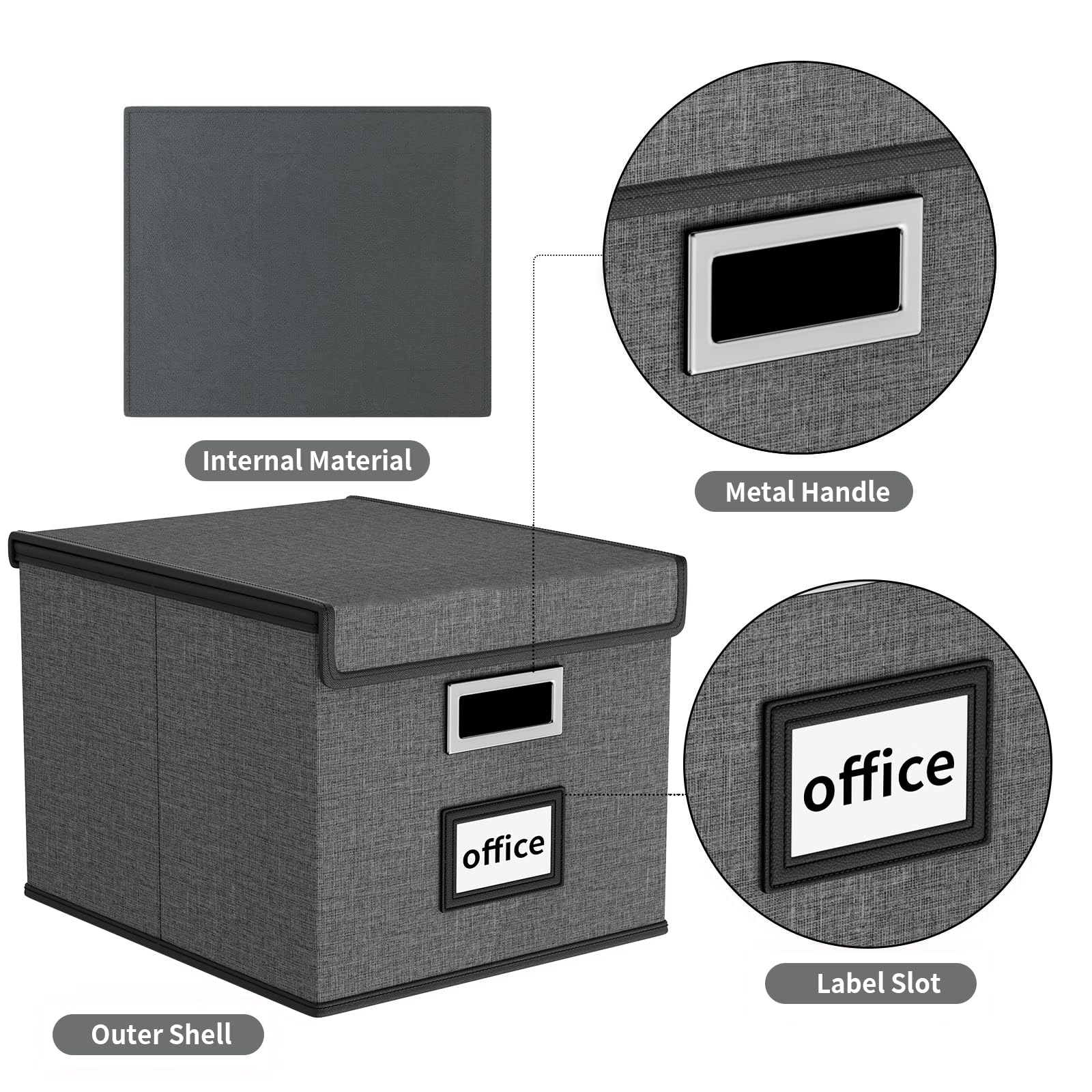 Finew Scatola di archiviazione portatile pieghevole con coperchio e scivolo | Scatole organizer da appendere in lino, decorative per casa/ufficio, per file e cartelle, confezione da 2 (grigio scuro)