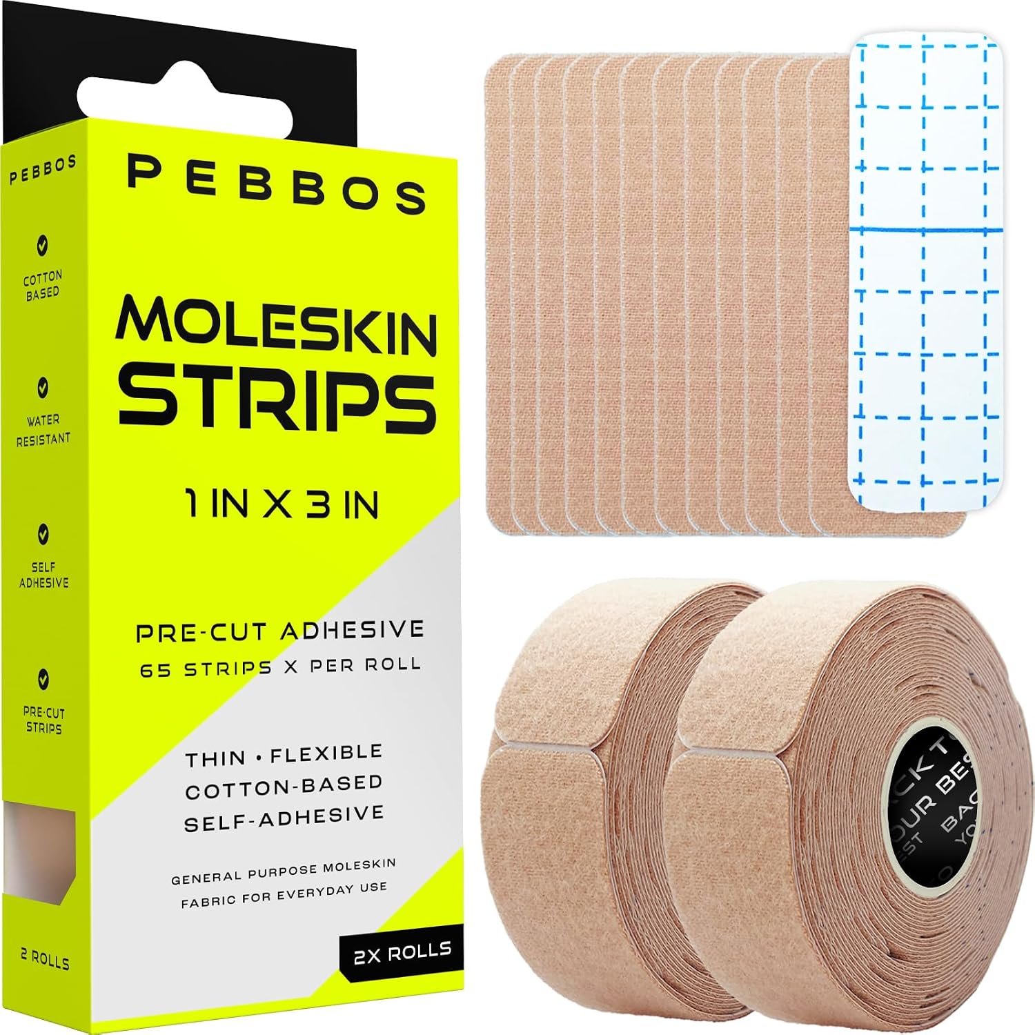 Moleskin Adhesive Strips – 130 Pre-Cut Strips – 1in x 3in – Cotton Fabric Strips | Thin, Flexible & Water-Resistant