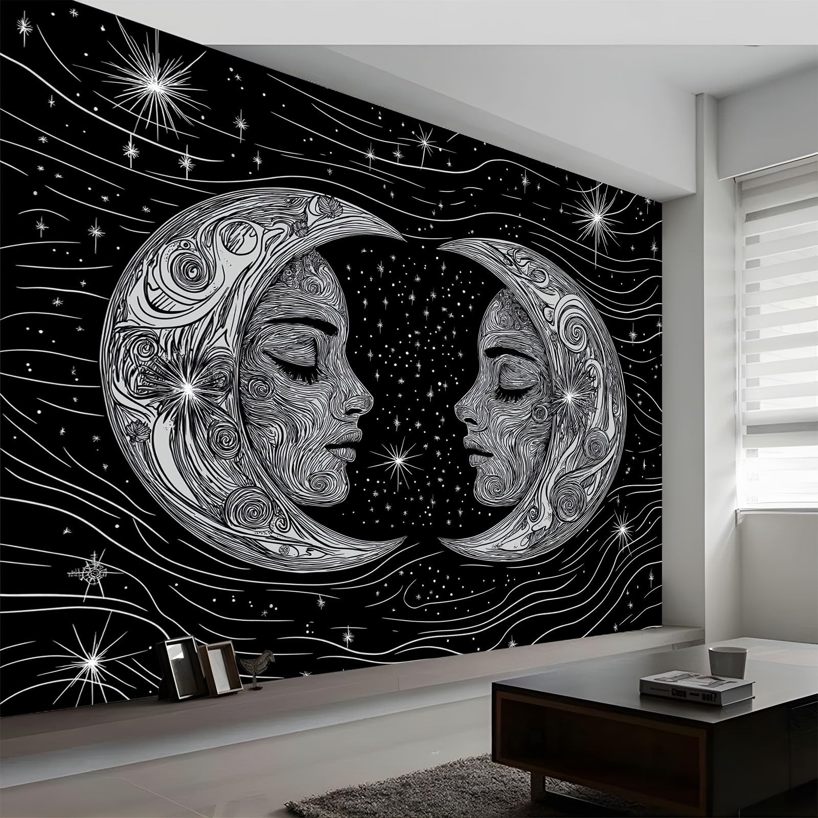 Fototapeta z efektem 3D, styl bohemy, księżyc, geometryczny wzór, 400 x 280 cm, tapeta czarna, tapeta z włókniny, nowoczesna tapeta ścienna, salon, sypialnia, pokój dziecięcy, dekoracja ścienna