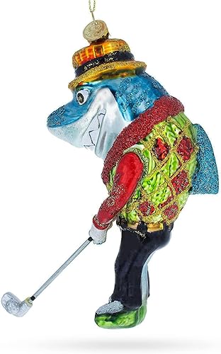 Miniatura 5 de Adorno navideño de vidrio soplado de tiburón jugando golf