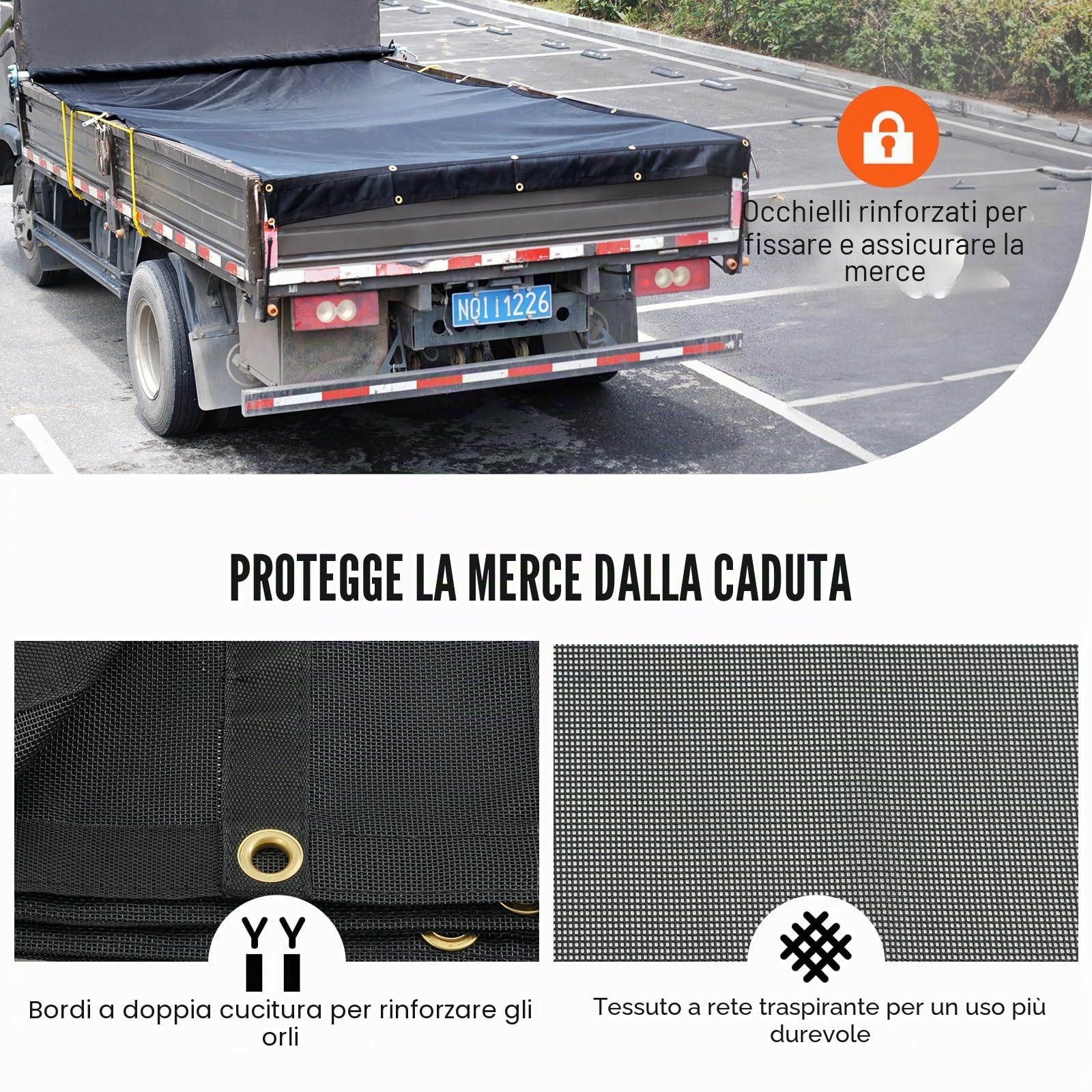 VEVOR Telo in Rete per Autocarro con Cassone Ribaltabile, 7 x 18 Piedi, Copertura Nera Resistente Rivestita in PVC con Doppia Tasca da 5,5" 18 Once, Occhielli in Ottone, Fettuccia Doppia Cucitura