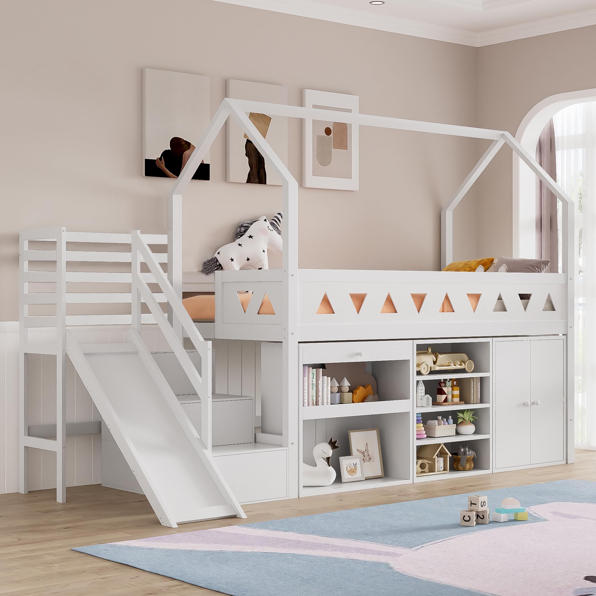 Merax Kinderbett Hochbett 90x200 cm, mit Treppe Staufach Stauraum,Rutsche,Schreibtisch,Schließfach,Platzsparendes Kinder Einzelbett mit Lattenrost und Rausfallschutz,Ohne Matratze,weiß,90 * 200cm