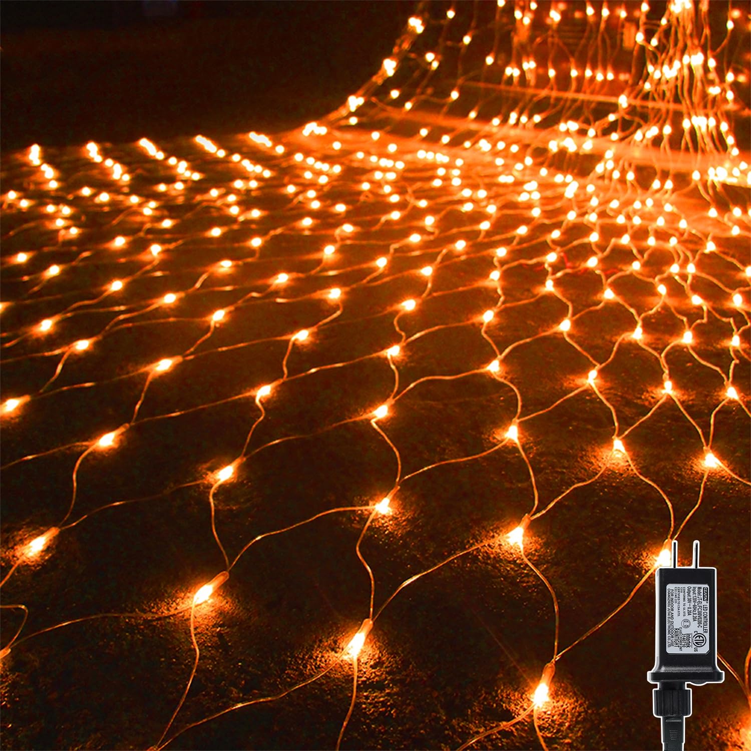 WATERGLIDE Outdoor Halloween Net Lights, 12FT x 5FT 360 LED Fairy String Light with 8 Lighting Modes, Connectable Light Safe Adaptor for Garden Tree, Bushes, Holiday Wedding Party Decorations, Orange