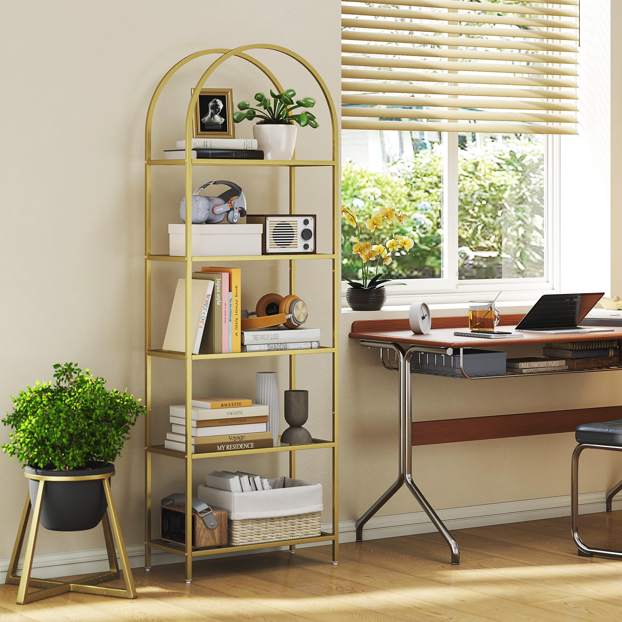 HOMCOM Libreria Scaffale ad Arco a 5 Ripiani, Scaffale Portaoggetti Moderno in Vetro Temperato con Struttura in Acciaio, per Bagno, Soggiorno, Camera da Letto, Studio e Ufficio, 60x30x175 cm, Oro
