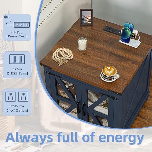 Miniatura 5 de Joaxswe Mesa auxiliar de granja con estación de carga, mesa auxiliar grande de sofá de 23.62 pulgadas con puerta de granero de cristal, mesita de