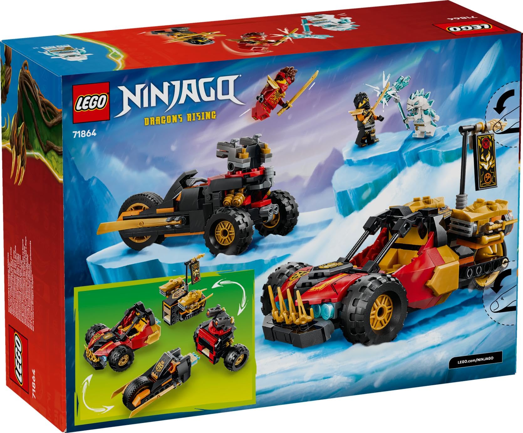 LEGO Ninjago Véhicules Combinables de Kai et Cole - Jouet Voiture de Ninja, Moto, 3 Minifigurines Dont Kai & Cole avec Katanas - Idée Cadeau pour Garçon 7 Ans ou Fan du Soulèvement des Dragons 71864