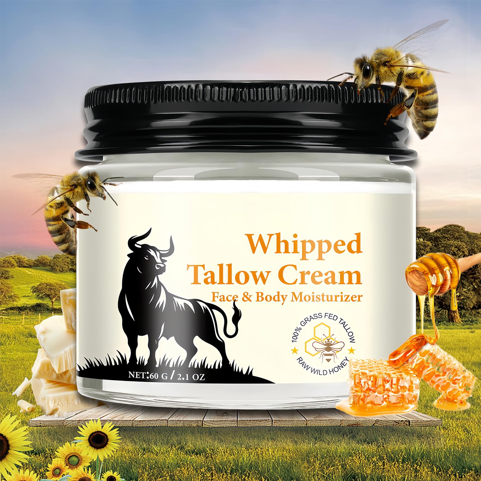 Wormeer Beef Tallow and Honey Balm, Deep Hydration for Dry & Aging Skin