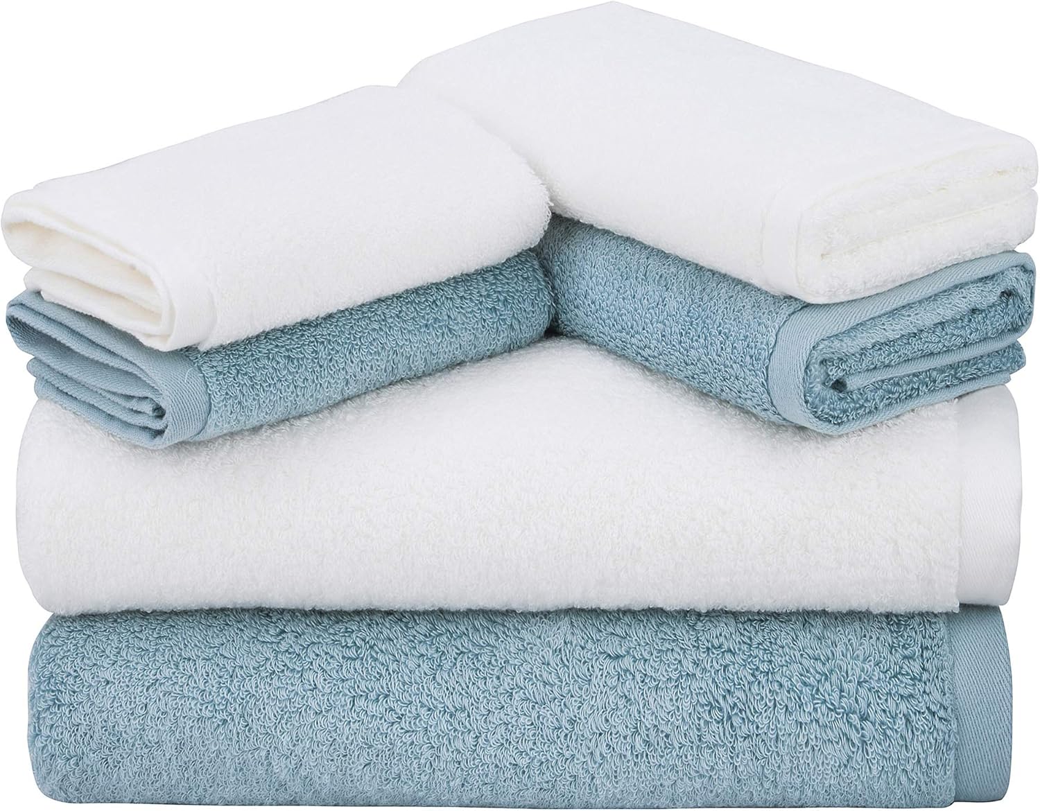 SEMAXE Bath Towel with Hanging Loop, Absorbent and Soft, 100% Cotton Towel,Hotel & Spa Quality 6 Piece Towel Set includes 2 Bath Towels, 2 Hand Towels, 2 Washcloths (Blue+White) Blue + White