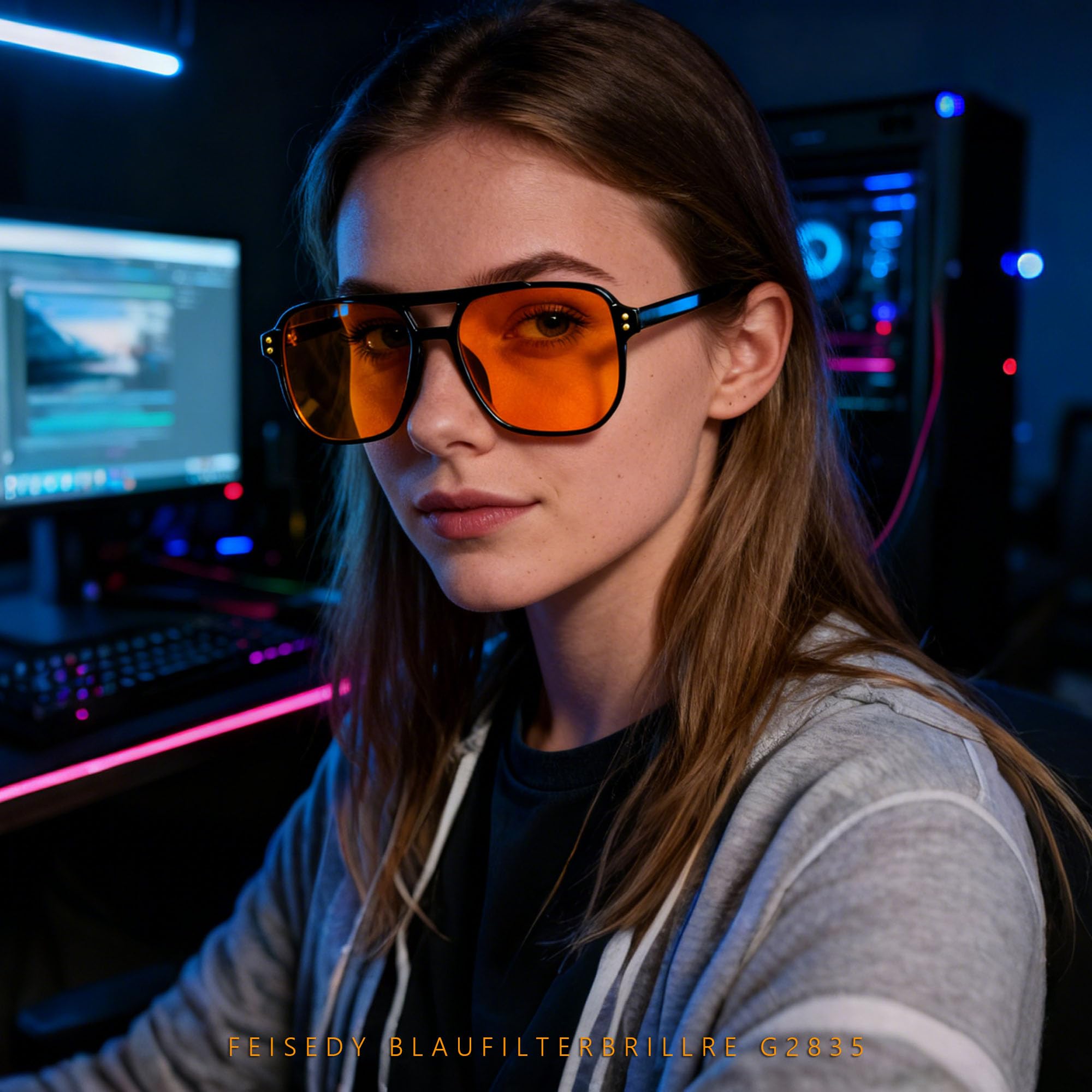 FEISEDY Retrò anni '70 Occhiali Anti Luce Blu 99.99% Luce Blu Blocco Occhiali da Gioco Computer per Uomo Donna Ambra Colorata G2835
