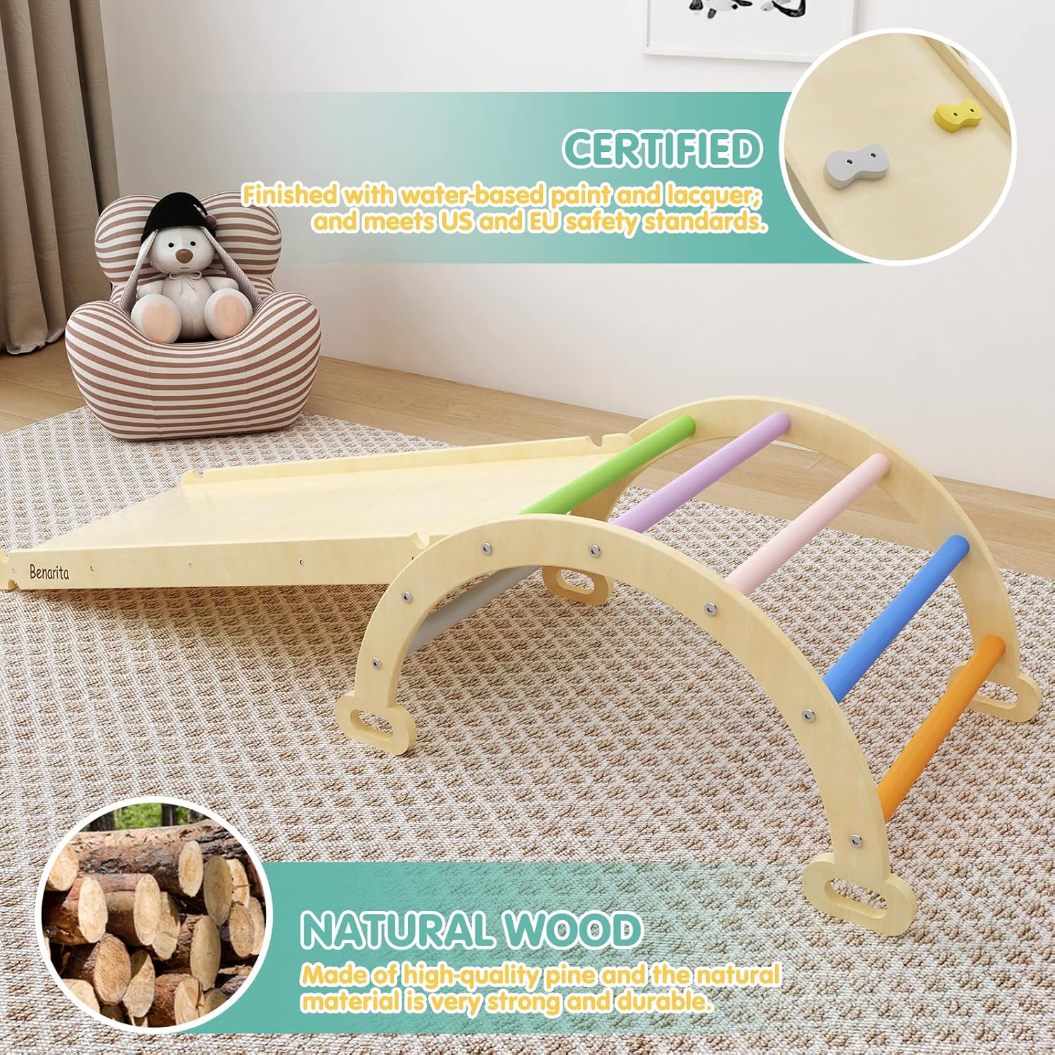 Benarita Pikler Triangle materials: natural wood, water-based paint, and safety certifications