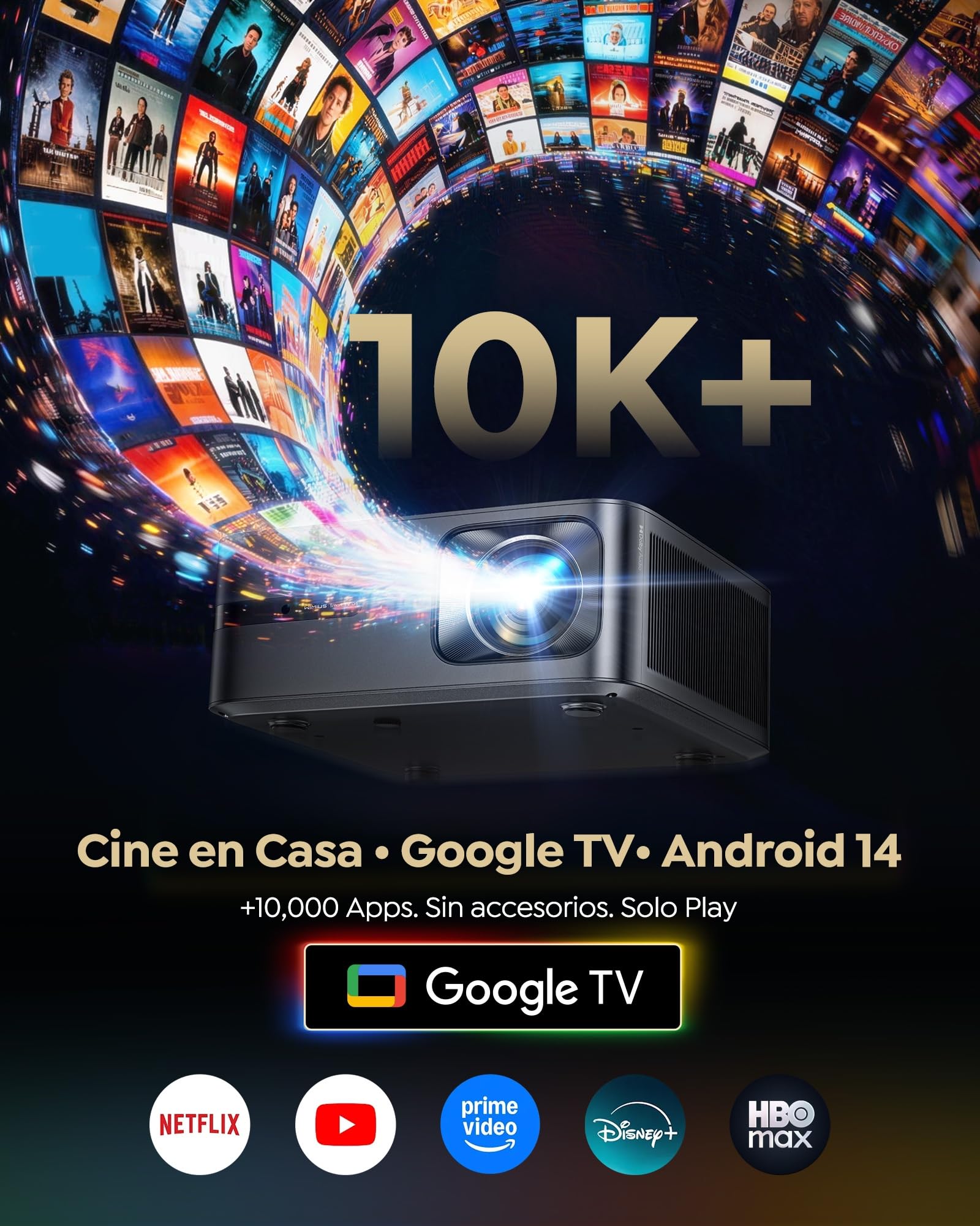 Proyector 4K | 2200 ANSI Brillo | Google TV 14.0 Integrado | Audio Dolby 40W| Proyector FHD 1080P Nativo, Enfoque Automático e IA Calibración, 2+32GB, HDMI 2.1, MEMC HDR10 para Cine en Casa y Exterior
