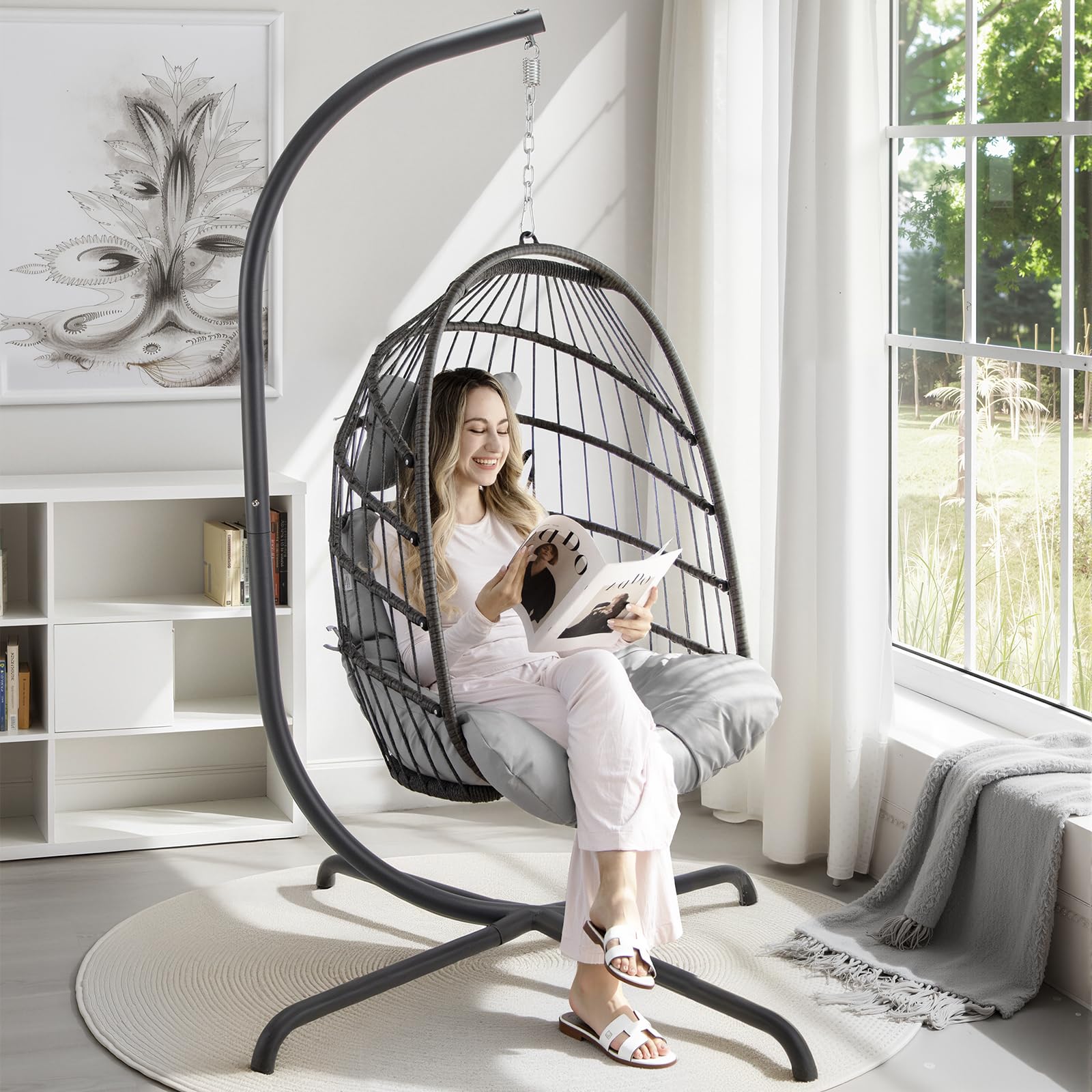 防水ハンギングパティオチェアクッション（枕2個付き）、折りたたみ式ハンモックバスケットクッション（屋内・屋外で快適に使用） ラウンジ  ハンギングバスケットハンギングエッグチェアクッション枕付き大型スイングチェアクッションパッド株式会社S＆L屋外パティオ ... スイングエッグチェア交換用クッション、ハンギングバスケット、屋外ポーチ、裏庭、パティオ、ハンモッククッション