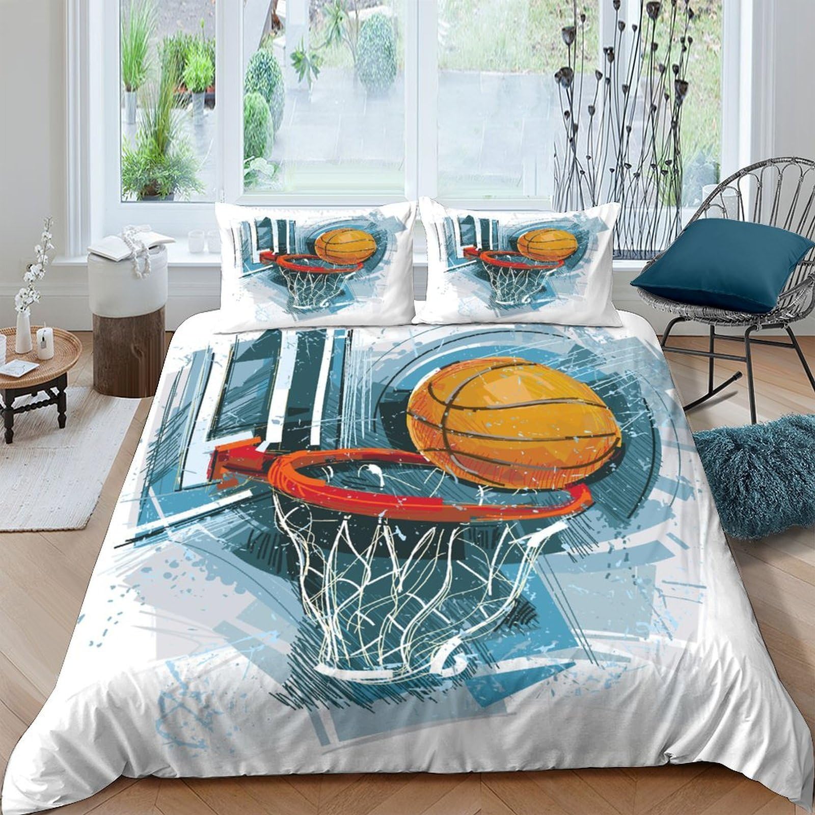 Ctjqhvkz Style-1 3D Printed Basketball Court Fitted Sheet Microfiber Anti-Slip Orange Ball Bed Cover For Bedroom Decor Mattress Protection Single（135X200cm）