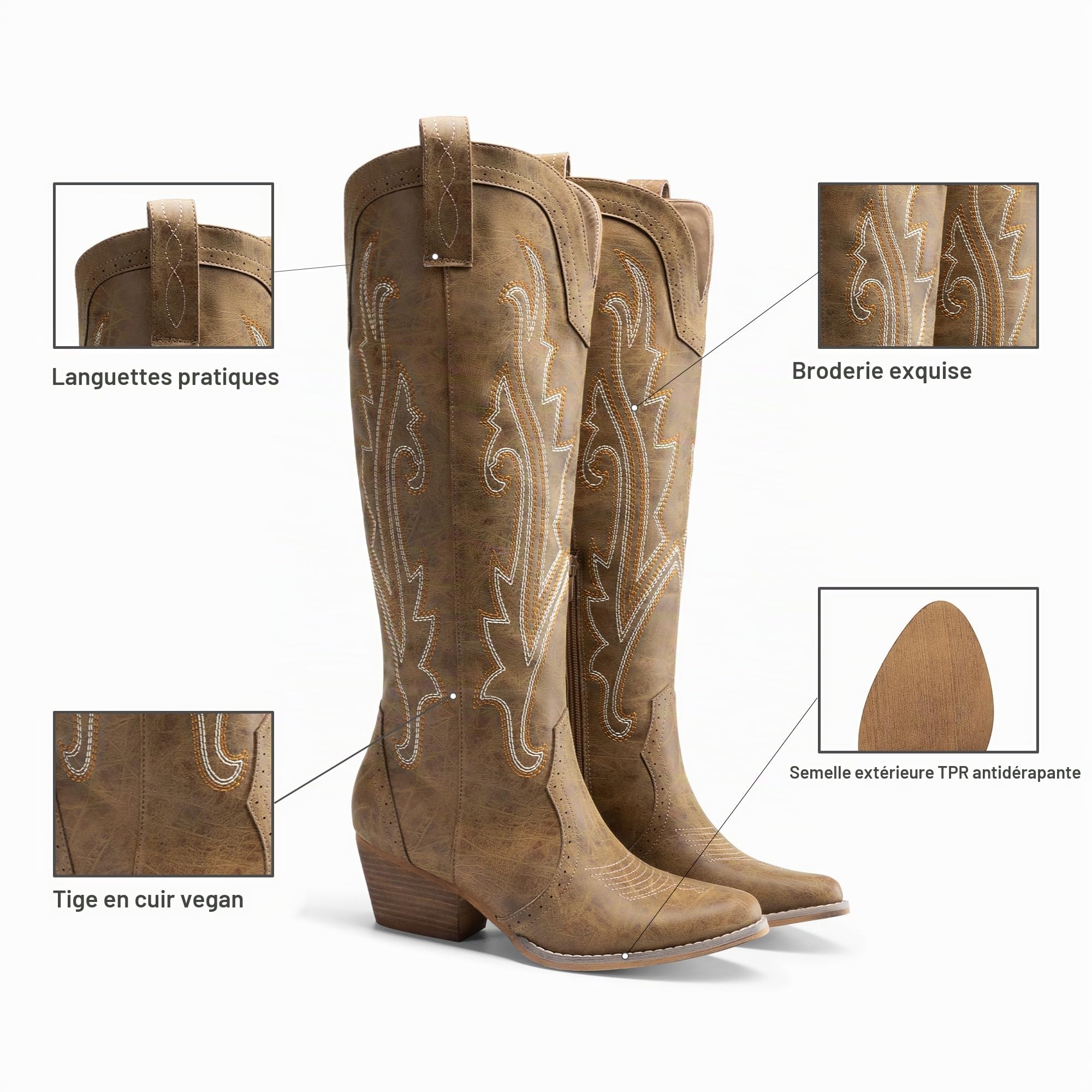 DREAM PAIRS Bottes Femme Hautes Western, Bottes Cowboy jusqu’au Genou avec Broderie Vintage Confortables Style Cowgirl Knee High Boots