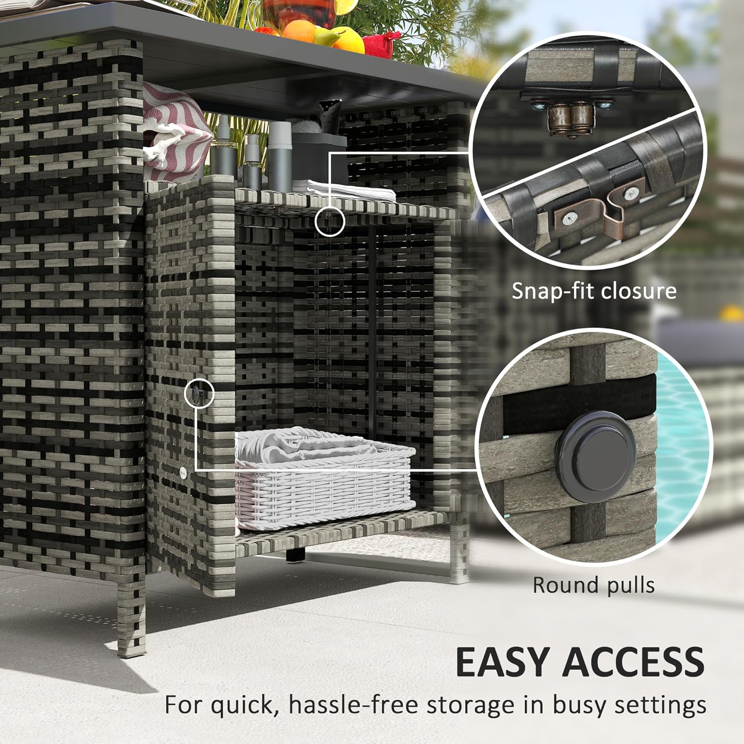 Outsunny Wicker Outdoor Storage Cabinet, Rattan Outdoor Bar Table with 2 Doors and Shelf, Outdoor Buffet Cabinet Sideboard with Metal Slatted Countertop for Poolside, Patio, Backyard, Mixed Gray