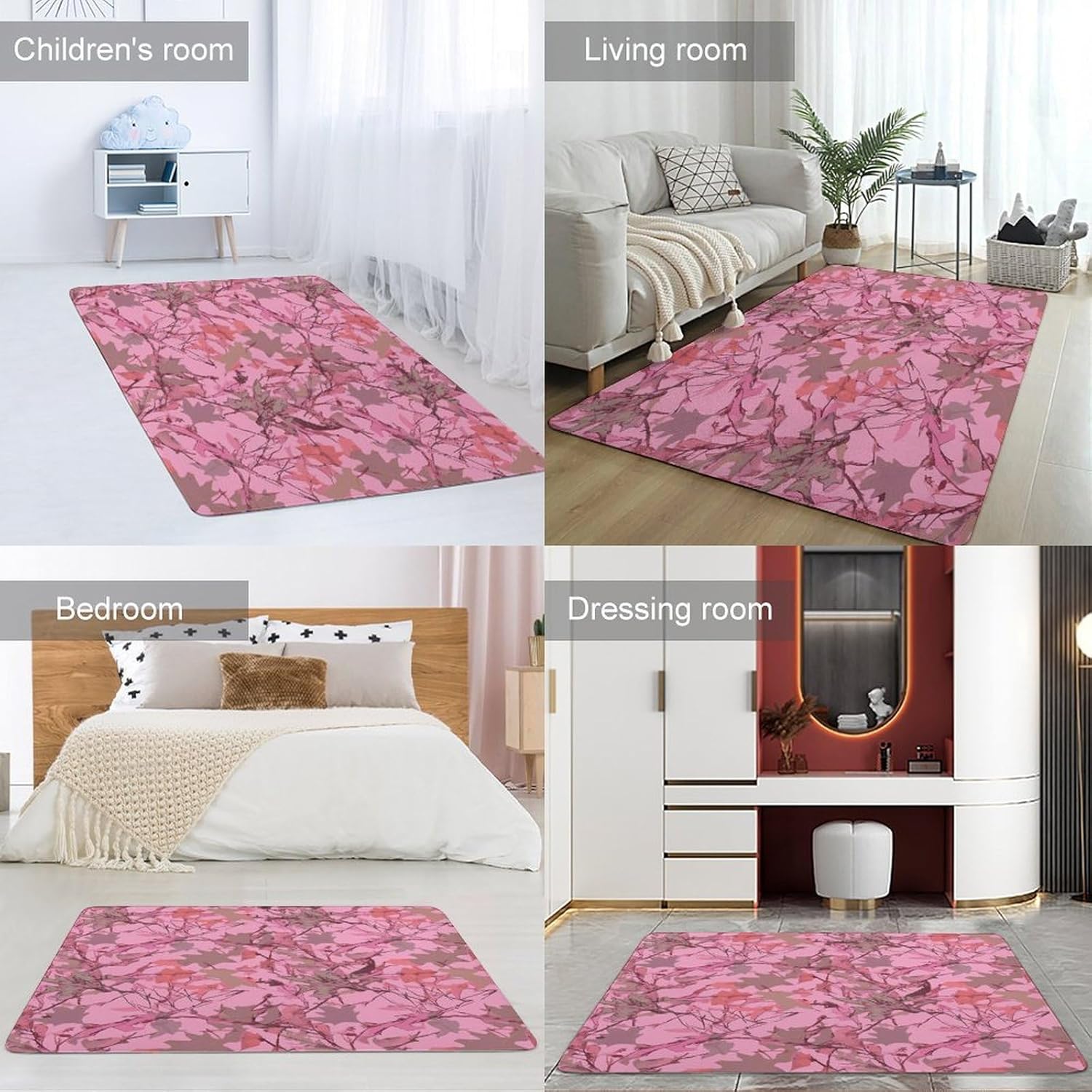Pink Leaves Camo Carpet for Living Room,Washable Dining Room Non-Slip Under Table Rug 40“x60”Large Rugs Lndoor Home Decoration Stain Resistant Carpet for Bedroom
