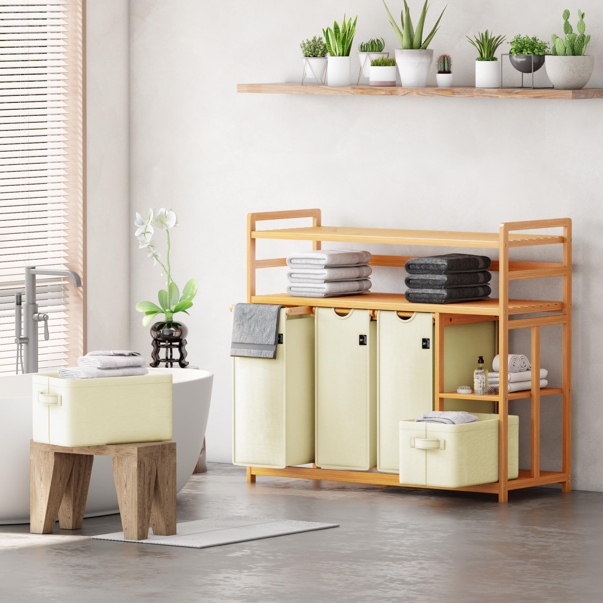 ADEL DREAM Wäschekorb 5 Fächer 2 Regale Wäschesammler 190L Wäscheboxen Mit Korb Wäschesortierer mit 3 Wäschesäcken & 2 Stoffboxen Wäschesack Bambus Wäscheregal Wäschebox Laundry basket Beige
