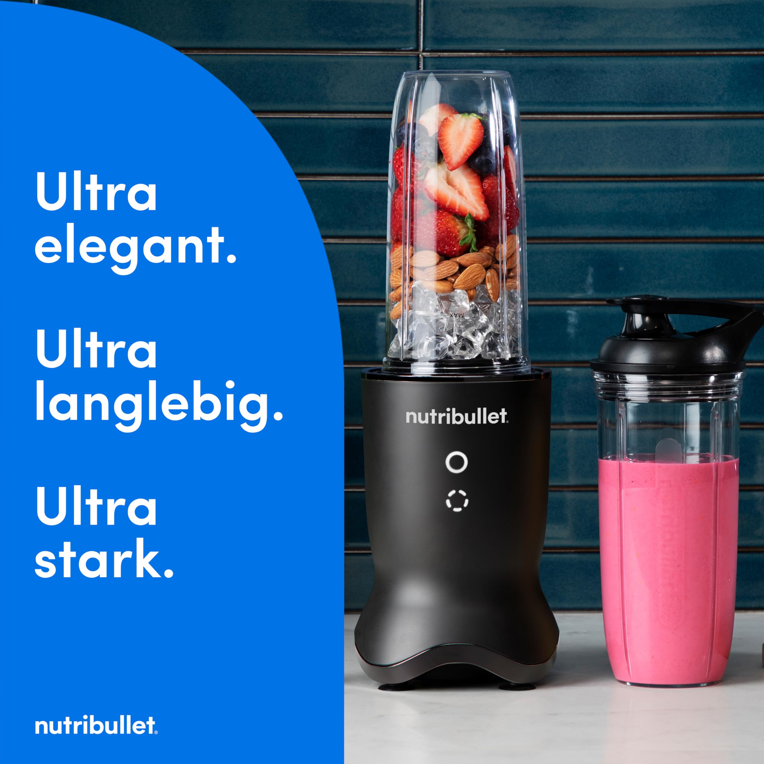 nutribullet Ultra NB1206MB, Mixer mit Tritanbehälter, Edelstahl-Mahlklingen, Elektrischer Smoothie-Mixer, 900ml und 700ml Behälter, 2 To-Go-Deckel, 1200W, Grau