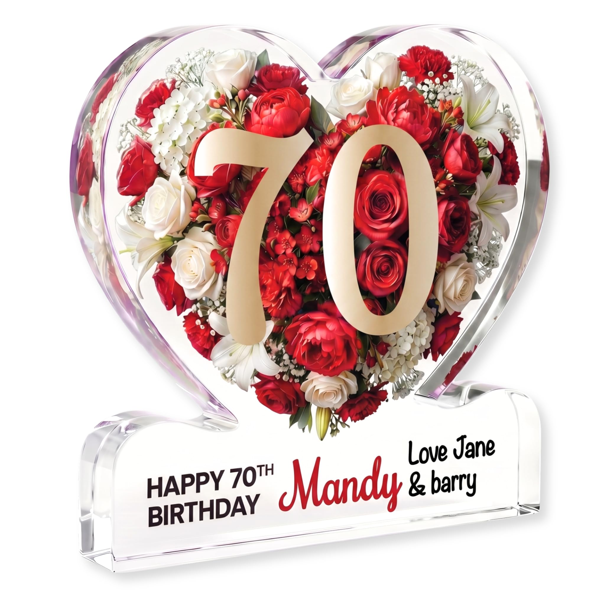 MyKeepsy Personalised 70th Birthday Plaque – Custom Name & Message Heart Acrylic Keepsake, Floral 70 Decoration Gift, 5 Colours (Classic Red) — image 1