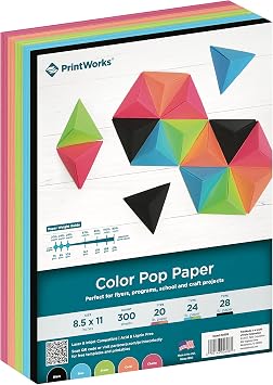 PrintWorks Color Pop Paper 8.5" x 11" - 300 Sheets - 5 Assorted Colors - Ideal for School & Craft Projects - Made in the USA - 20/75 gsm, 24 lb/89 gsm & 28 lb/105 gsm 00608