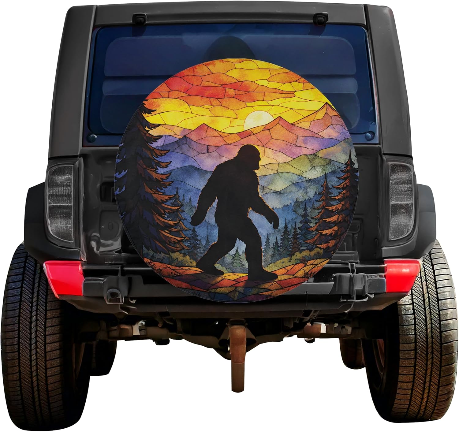 VanLich Shop Bigfoot Mountain Sunset Spare Tire Cover with/Without Backup Camera Hole – Sasquatch Forest Landscape Wheel Cover