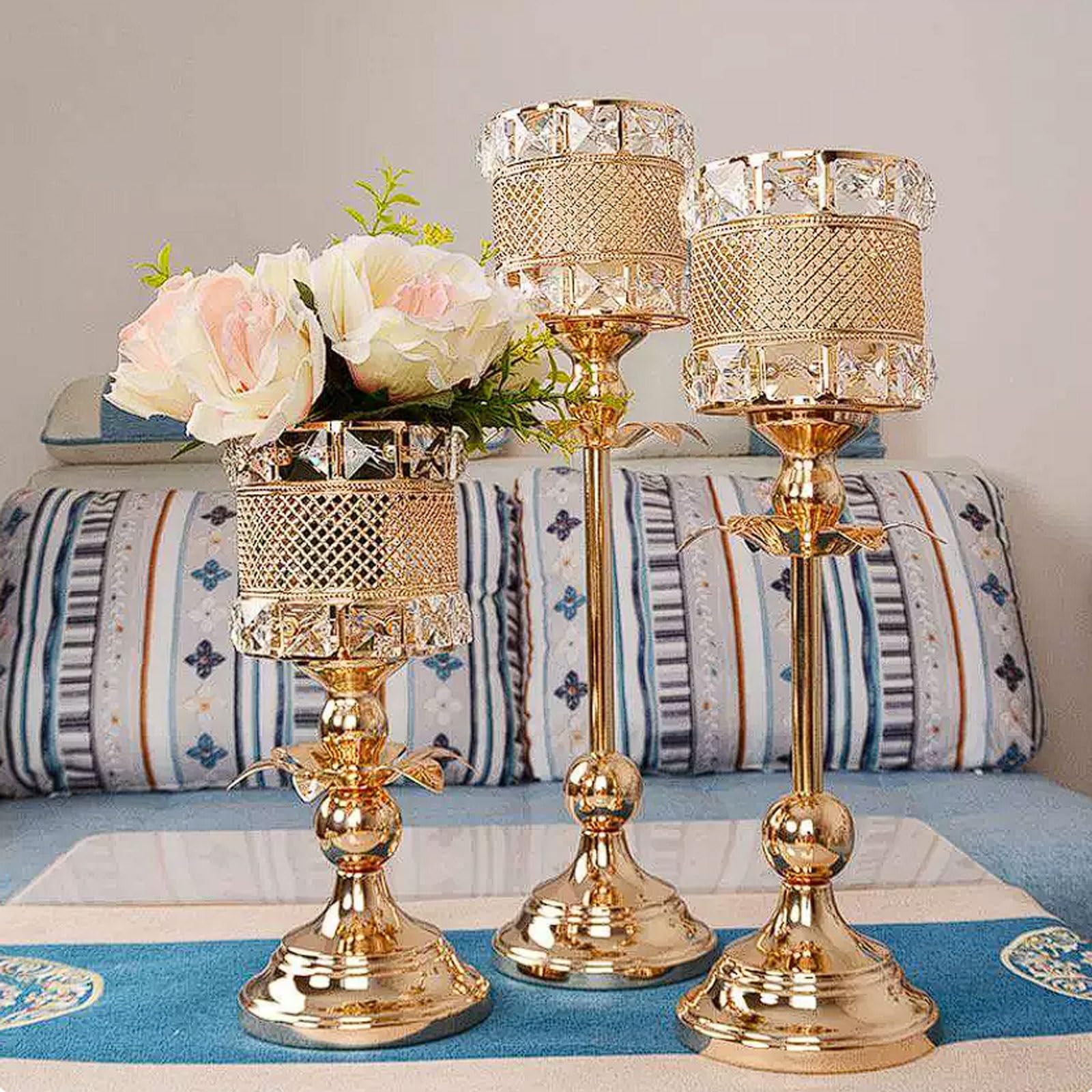 Candelabro de metal dorado con portavelas de hierro con diamantes de imitación de cristal y adorno decorativo artesanal (M)