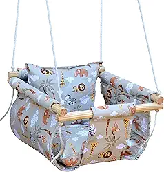 Balanço Bebê Infantil Tecido Madeira Corda Com Almofada (Bege-Zoo)