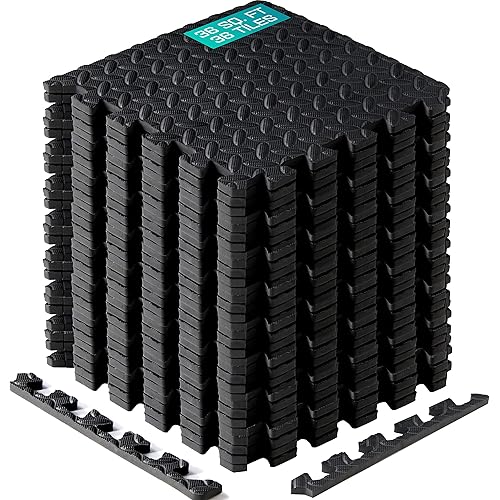 Yes4All Interlocking Exercise Foam Mats with Border – Interlocking Floor Mats for Gym Equipment – Eva Interlocking Floor Tiles - 36 Square Feet (36 Tiles) - Black