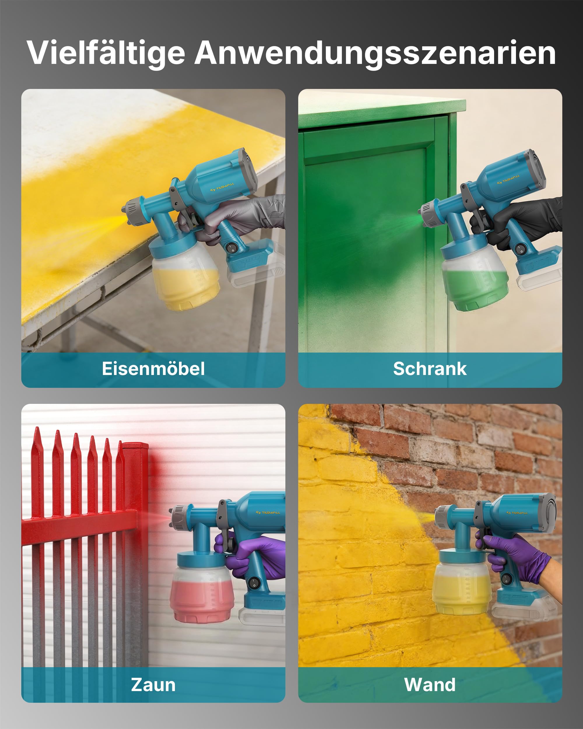 Tilswall Farbsprühsystem Akku, Lackierpistole mit 1000ml Tank, Für Makita & Dewalt 18V Akku (Ohne Akku), Farbsprühgerät 2 Düsen & 3 Sprühmustern, Kabellose Paint Spray Gun Für Wand & Holz
