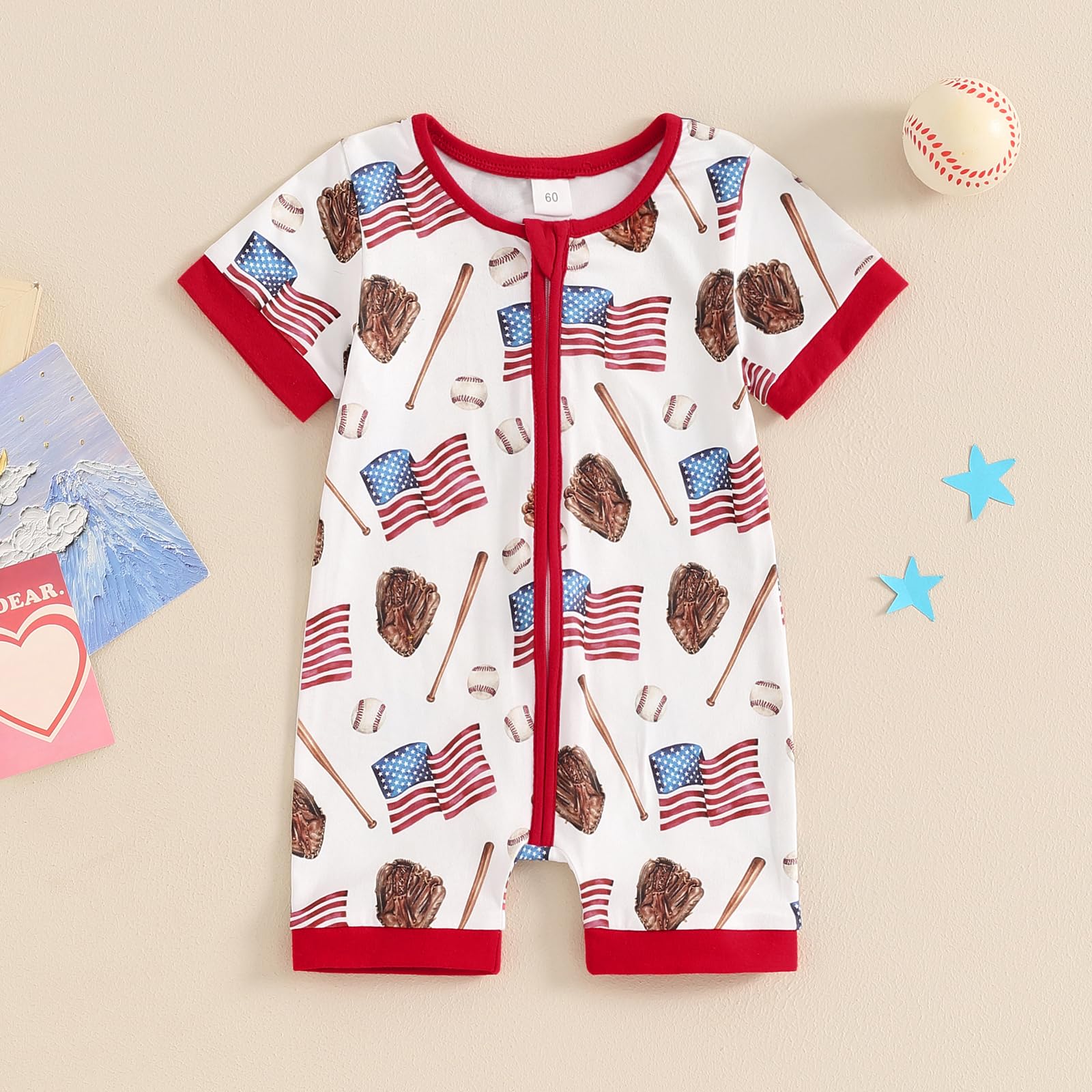 FIOMVA 4th of July Baby Boy Girl Outfits Toddler Baseball Outfit Newborn Romper Infant Jumpsuit American Flag Clothes (A Baseball American Flag White,0-3 Months)