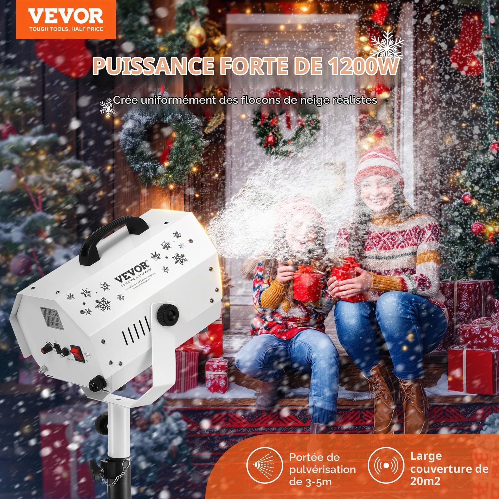 VEVOR Machine à Neige, 1200 W, Machine à Flocons de Neige Artificielle avec Support Réglable en Hauteur, Télécommande sans Fil, Haut Rendement, pour Fêtes de Noël, Effet de Scène de Mariage, Intérieur