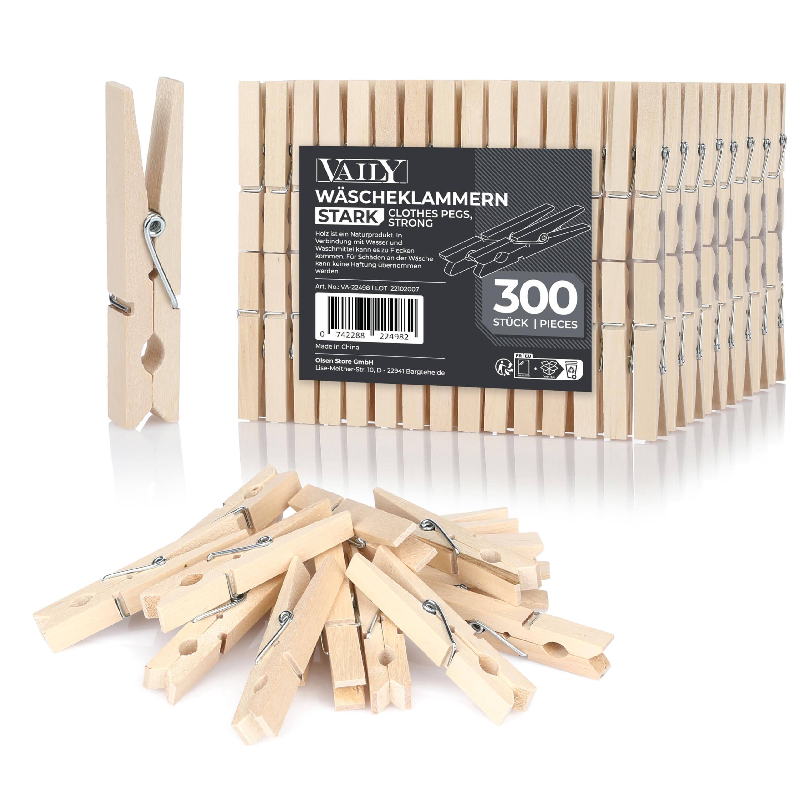 Vaily Brown Wooden Clothes Pegs - Strong Pegs With Firm Grip For Laundry, Washing Line, Handicrafts And Decoration- Indoor And Outdoor Use - 300 Pieces