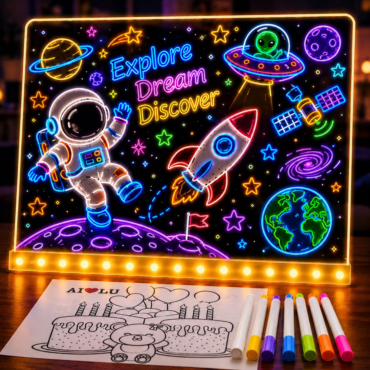 LED Notiztafel mit Farben, Acryl Notiztafel mit 7 Farben Stift - Mit Verstellbarem Ständer, Transparente Leuchtende LED Schreibtafel, Abwischbar, Notizblock, Schreibtafel, Memo (30 * 20CM)