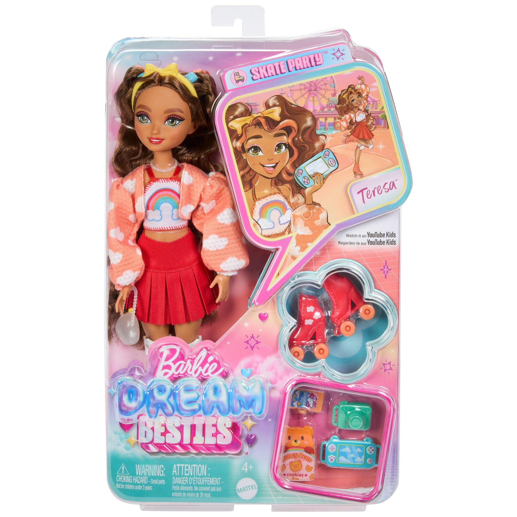 Barbie Dream Besties, Teresa, bambola snodata alla moda con pattini a rotelle e capelli castani, 9 accessori a tema videogiochi inclusi, giocattolo per bambini, 4+ anni, JFX98