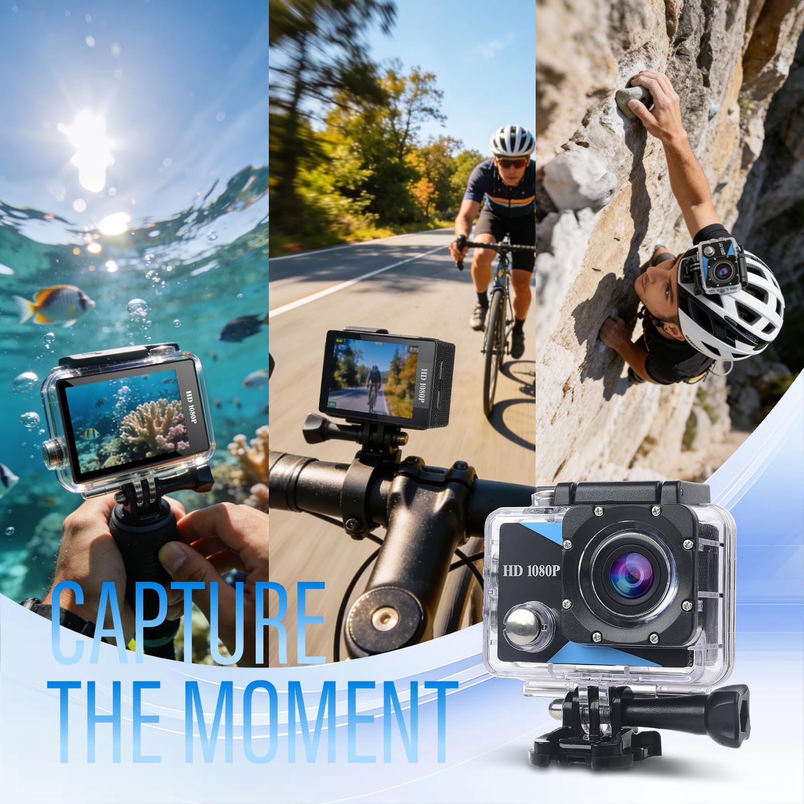 Caméra Sport 1080P 12MP 2" Écran LCD Étanche 30M avec Batteries et Accessoires Vélo