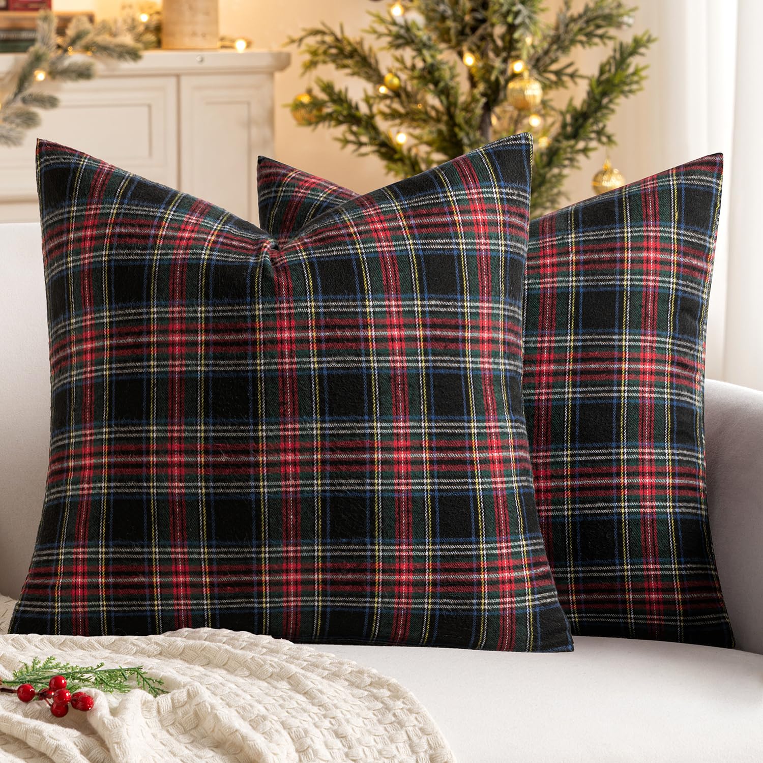 MIULEE Christmas Plaid Pillow Covers Scottish Tartan 18x18 Dark Blue | Set of 2 Christmas Decorations Cushion Covers, Farmhouse Winter Home Decor, for Thanksgiving Sofa Couch Bed Living Room