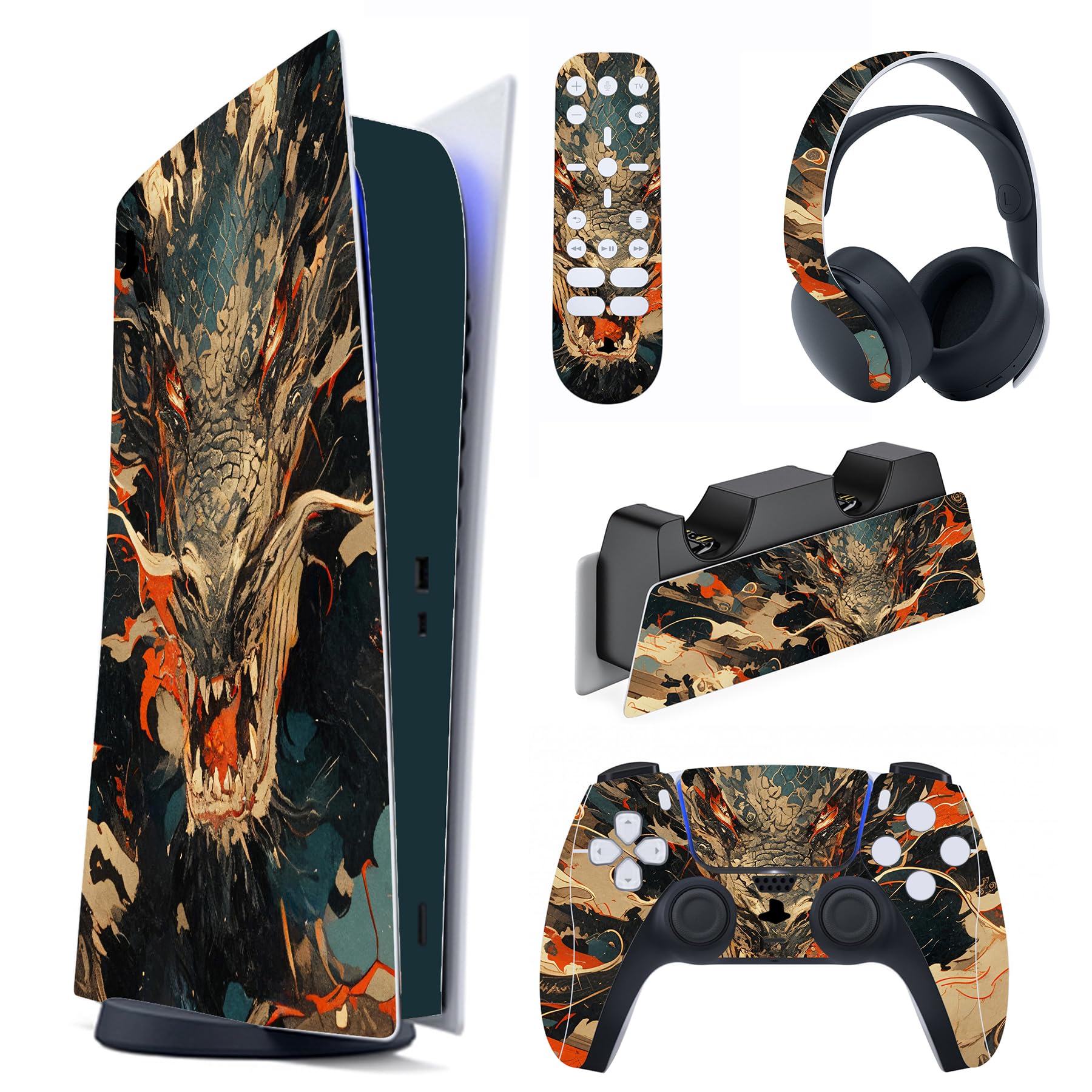 PlayVital Autocollant Protection pour ps5 Manette Accessoire Sticker Skin pour ps5 Habillages Digital Console & Controller & Télécommande & Casque & Station de Charge-Dragon Fureur