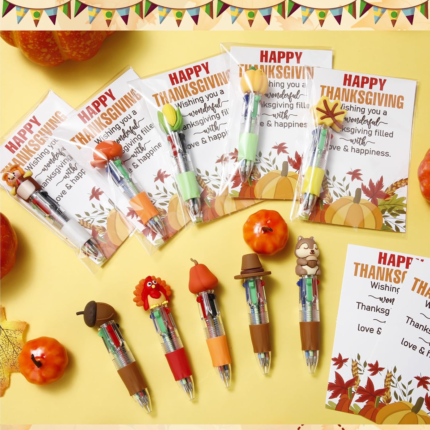 Sayglossy 100 Sets Thanksgiving Gifts Bulk Include 4-in-1 Pen Multicolor Pen Cute Autumn Pumpkin Maple Greeting Card Thanksgiving Party Favor Fall Gifts for Reward Employee Coworker