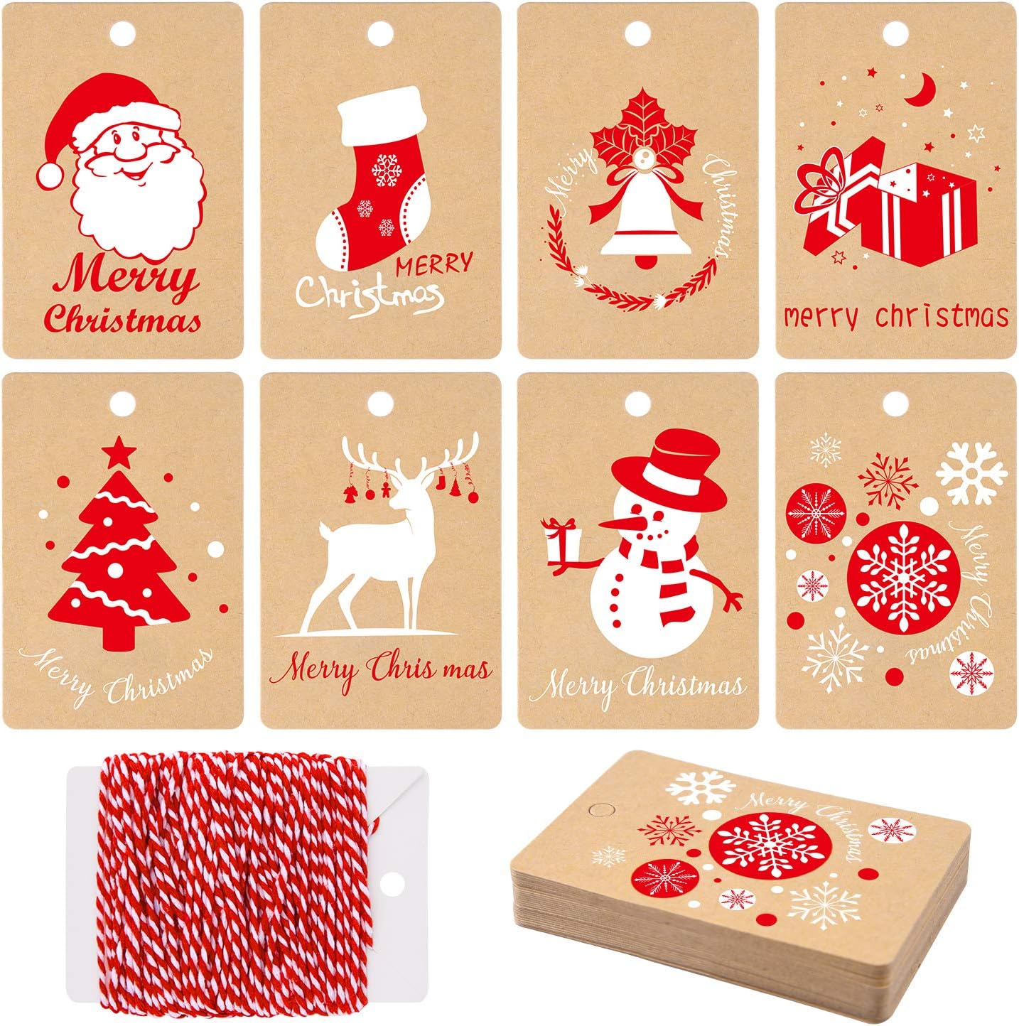 MIAHART 80 Pcs Christmas Gift Tags Kraft Paper Tags Wrapping Label with Hanging Rope, 8 Styles Christmas Kraft Present Gift Tags for DIY Arts and Crafts