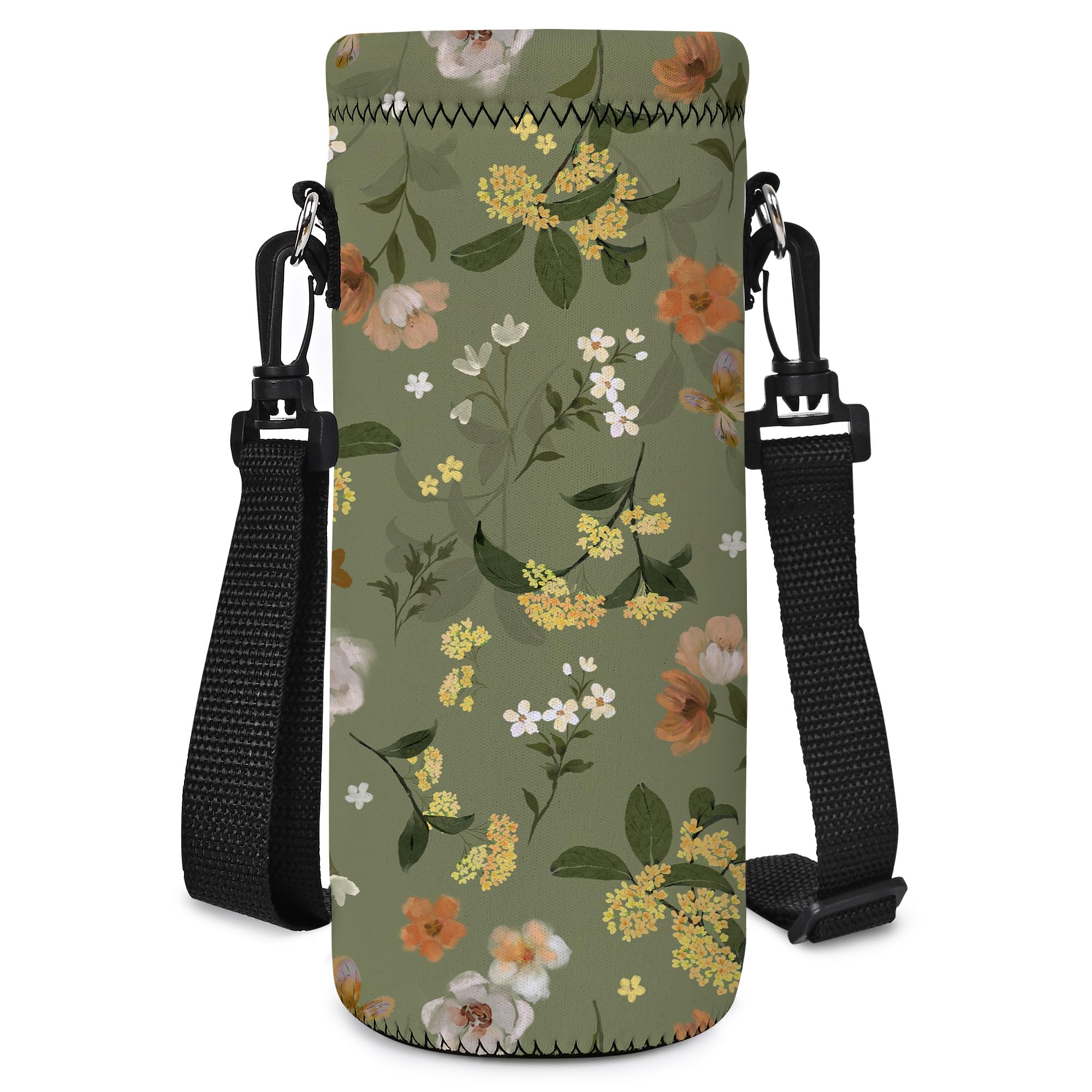 Hnycsir 750ML Neoprene Water Bottle Bag Carrier, Portable Insulated Sling Holder Case Pouch with Adjustable Shoulder Strap for Men Women Travel,Hiking,Walking,Outdoor Activities (Green,Flowers) — image 1