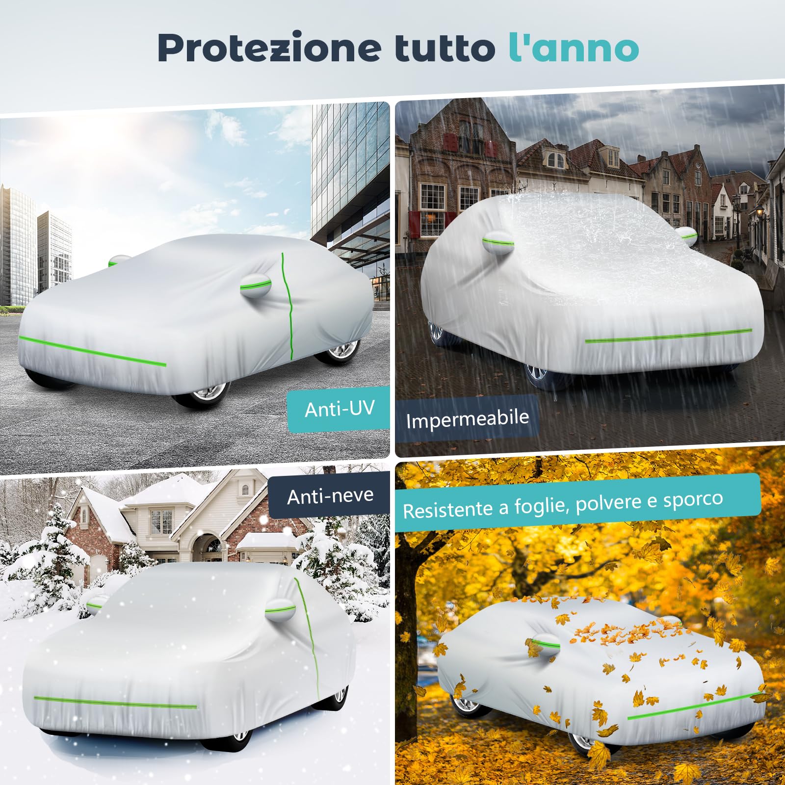 Telo Copriauto Impermeabile Anti UV Anti Vento e Antipolvere con Zip Laterale, Telo per Auto 460x185x160 cm Argento per Mid-size Car (Segmento D)