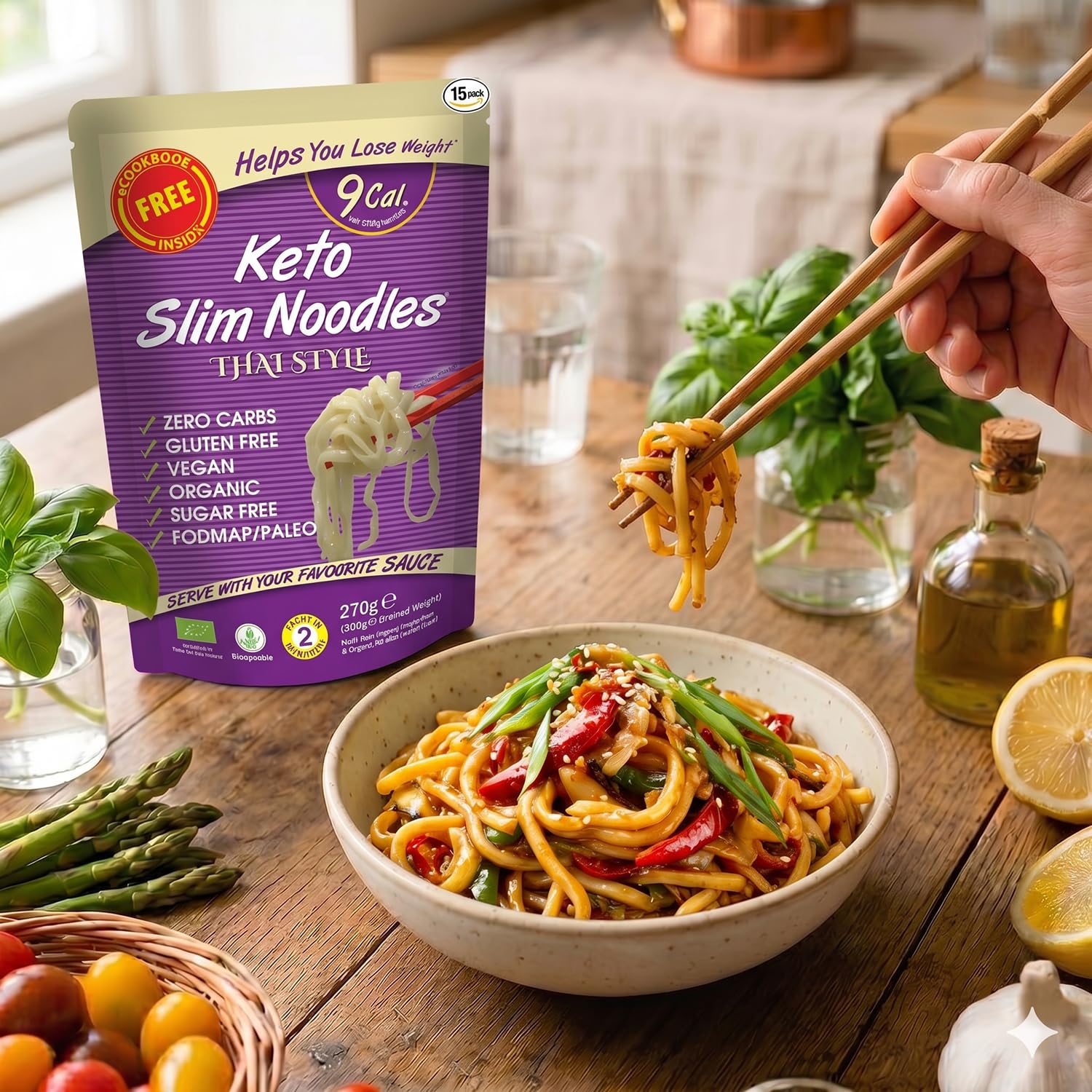 Slim Pasta - Noodles Thai Style - 270g - Pasta Vegana Baja en Calorías - Ideal para Dieta Keto