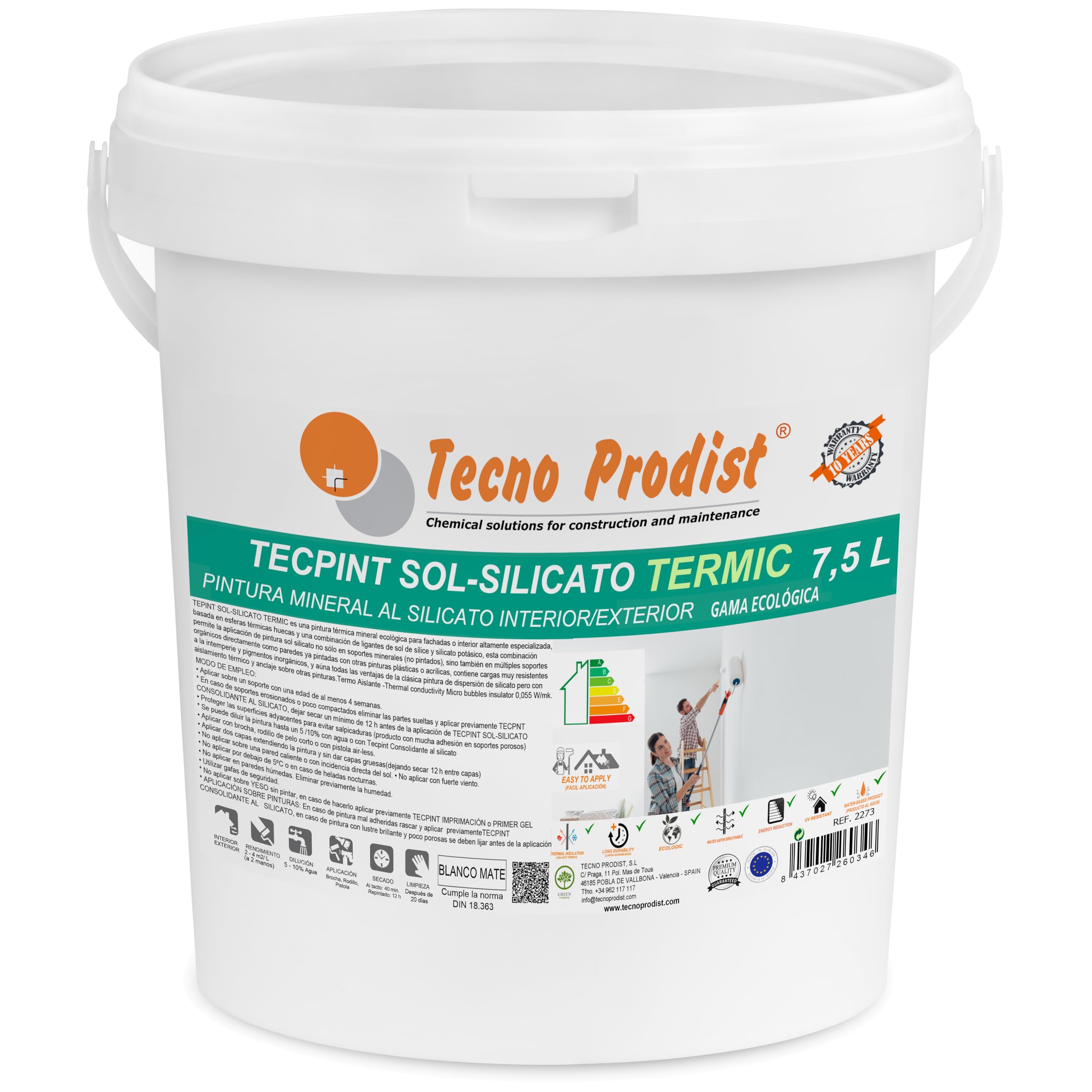 Tecno Prodist TECPINT SOL-SILICATO TERMIC (7,5 Litros) Pintura al silicato ecológica, mineral, interior - exterior al agua, 100% Natural, Paredes y Techos, Transpirable - térmica (BLANCO)
