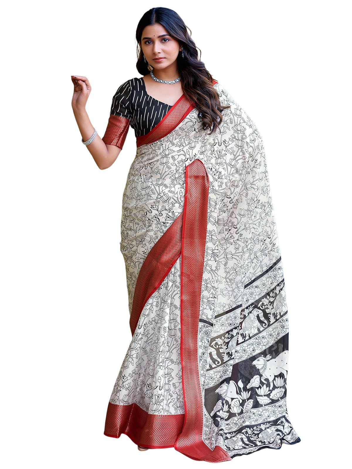 Satrani Women's Cotton Blend Printed Weaving Border Saree With Unstitched Blouse Piece (4029S175N_White1)