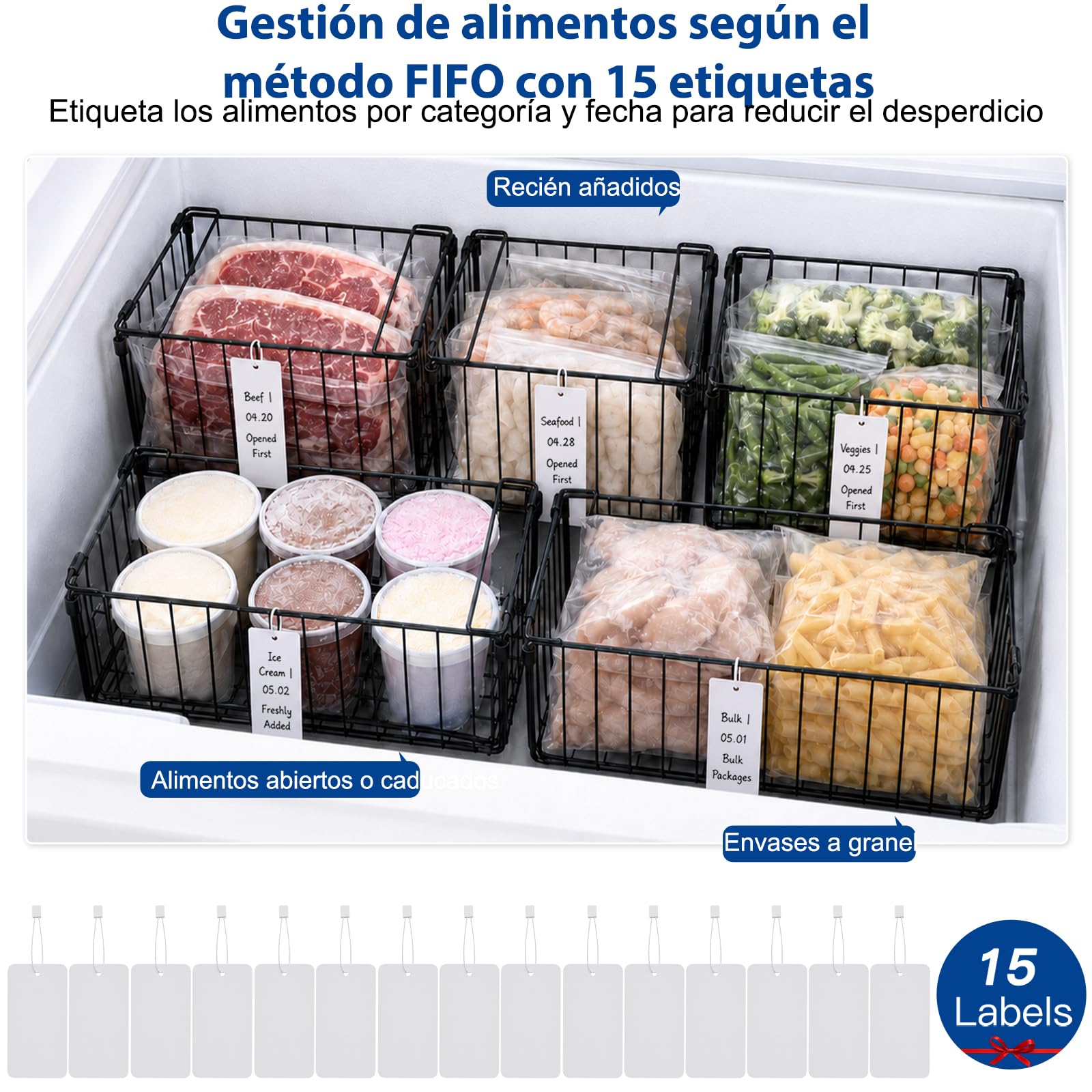 6 Cestas para Congelador, Organizadores Ingredientes Congelados, 38 x 18 x 18 cm