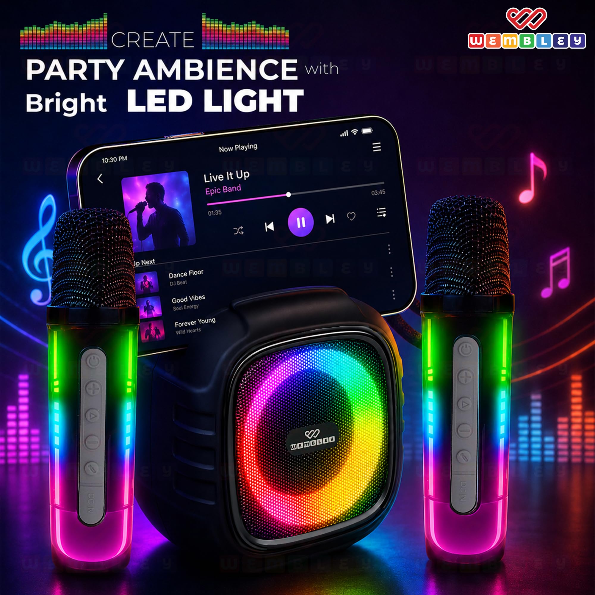 Wembley Karaoke Machine - Wireless Mic & Lights -8