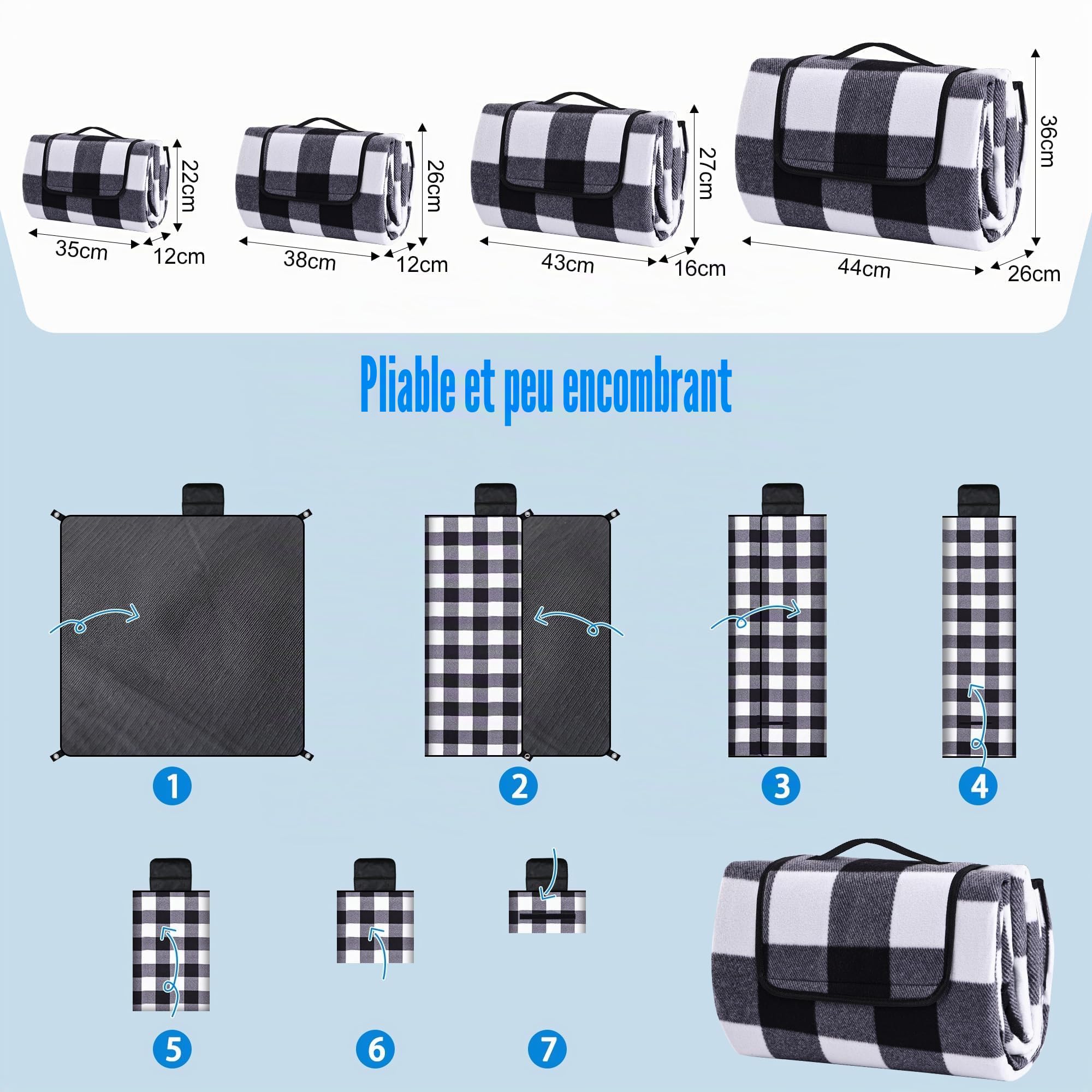 Gucass 200 x 200 cm Couverture de Pique-Nique imperméable - avec poignée de Transport, Pliable, sans Sable, Lavable, pour Barbecue, Randonnée, Voyage (Grille Noire et Blanche)