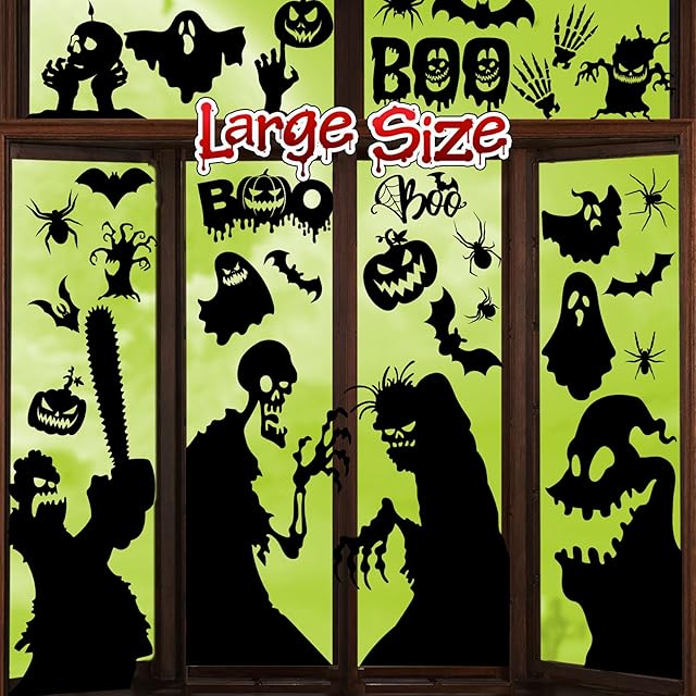 Large Halloween Window Stickers Scary Halloween Window Decorations Halloween Window Silhouette Clings Decals Black Creepy Zombie Monster Skeleton Ghost Reusable Stickers Halloween Party Decorations